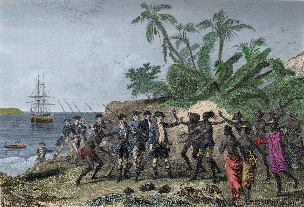 Louis Antoine (Louis-Antoine) de Bougainville, navegador francês (1729-1811), dirigindo-se às ilhas dos Marqueses no Tahiti, 6 de Abril de Unknown artist