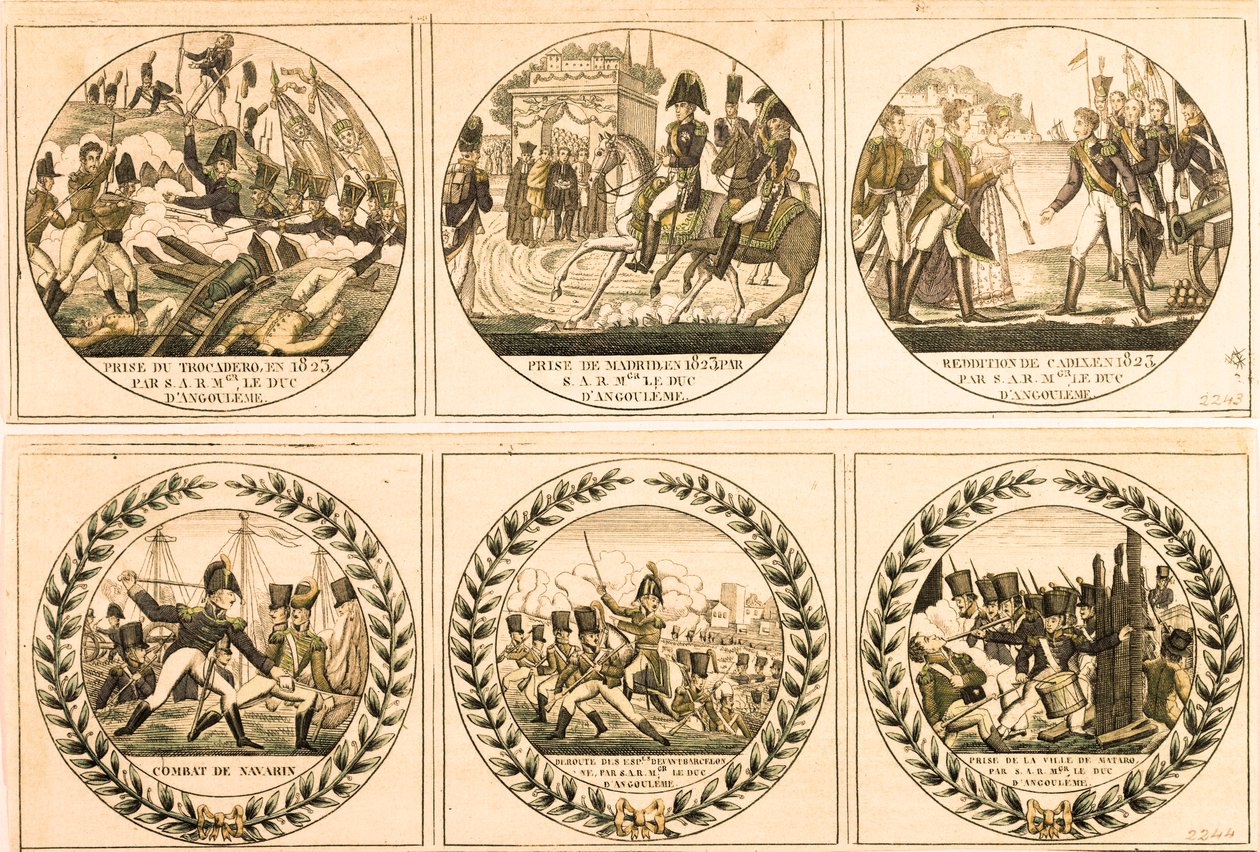 Louis Antoine (Louis-Antoine) de Bourbon, Duque de Angouleme (Louis de France ou Louis XIX (1775-1884) durante a expedição espanhola de 1823: tomada do Trocadero, tomada de Madrid, rendição de Cádiz, batalha de Navarin, atrás dos espanhóis em frente ao Bar de Unknown artist