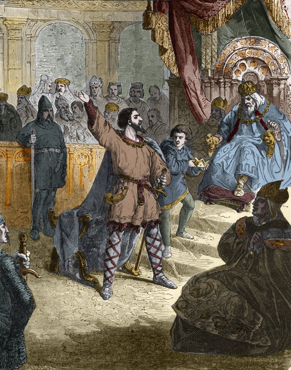 Luís IV de Outremer (Ultramar, Ultramar) (921 - 954), Rei de França no Concílio (Sínodo) de Ingelheim na Alemanha em 948 antes de Otto I do Sacro Império (912-973). Gravura em "Histoire De France En Cent Paintings de Paul Lehugeur "1891. de Unknown artist