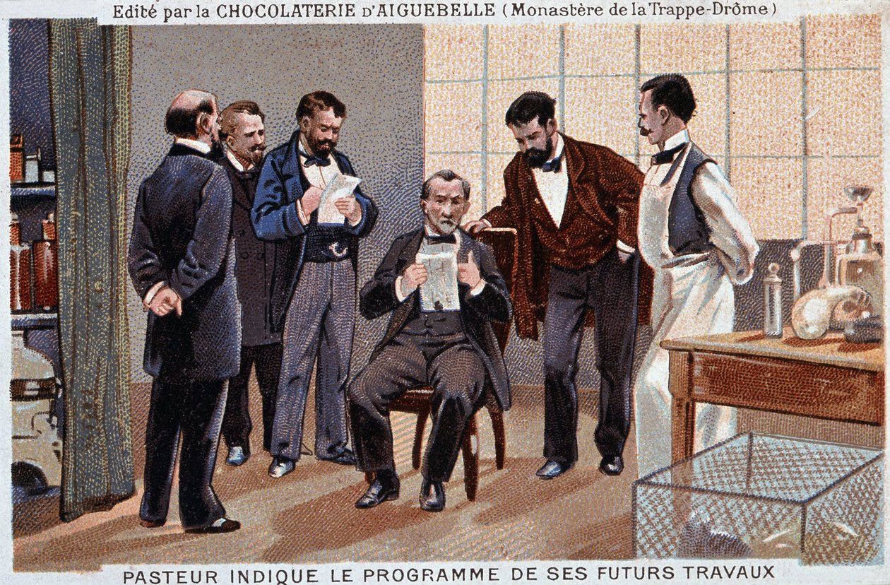 Louis Pasteur, cientista francês (1822-1895), indicou o programa do seu futuro trabalho, rodeado de colaboradores - etiqueta publicitária de chocolate de Aiguebelle, v. 1895. de Unknown artist
