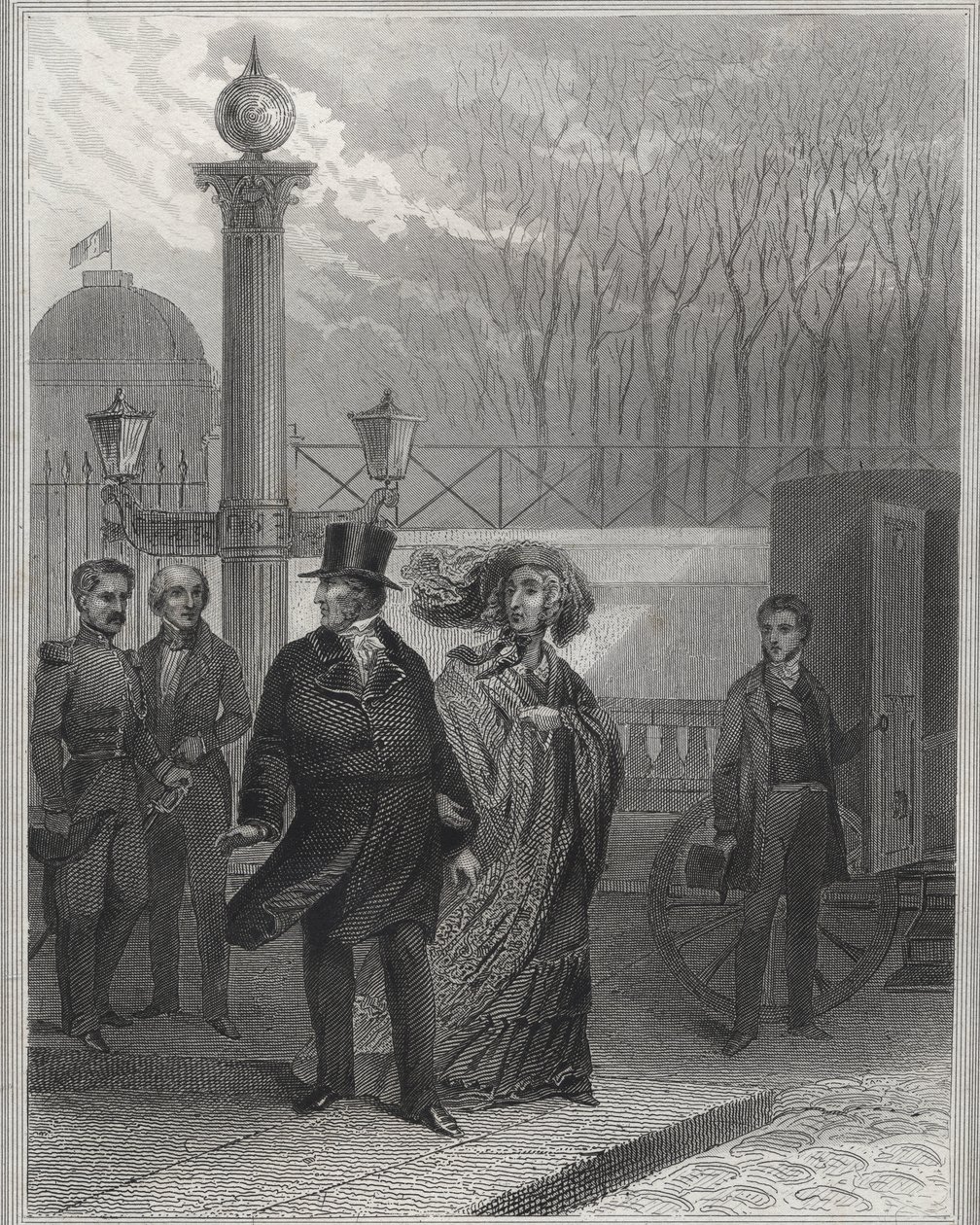 Louis Philippe e sua família fora do Palácio das Tulherias - Abdicação de Louis-Philippe I, 24 de fevereiro de 1848 e estabelecimento da Segunda República - Revolução de fevereiro de 1848. O povo invadiu as Tulherias em 24 de fevereiro de 1848 seguindo os  de Unknown artist