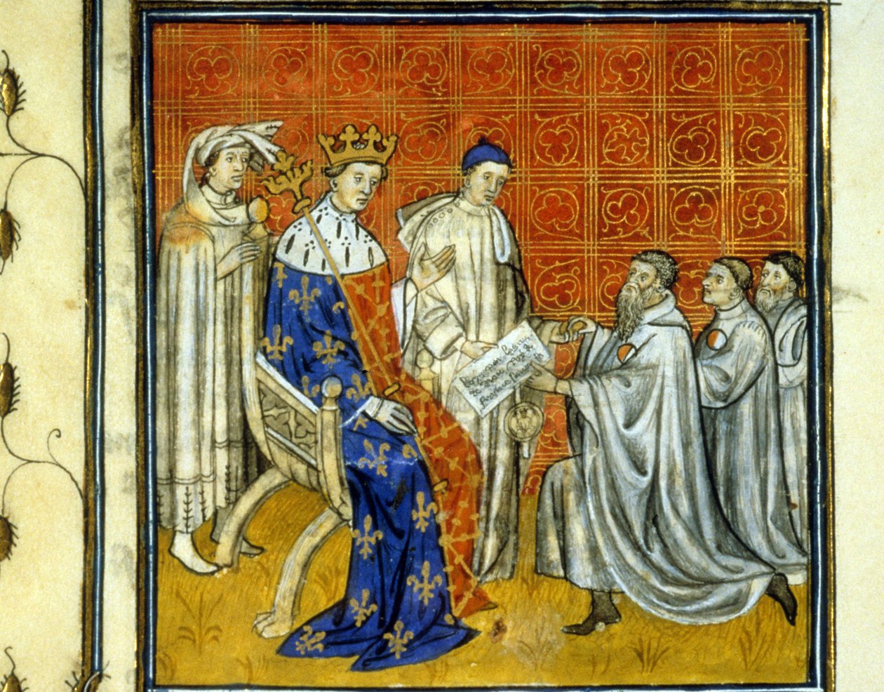 Louis X (1289 - 1316) concede um alvará aos judeus do reino - Redenção pelos judeus, em 1315, do seu direito de retornar ao reino da França, após a expulsão de 1308 por Filipe, o Bel. Eles são identificáveis pela roda branca e vermelha. Illumina de Unknown artist