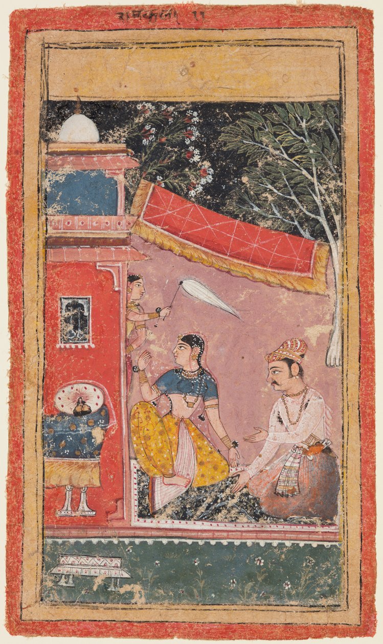 Amantes num Terraço: Ramakali Ragini do Hindol, de um Bundi Ragamala de Unknown artist
