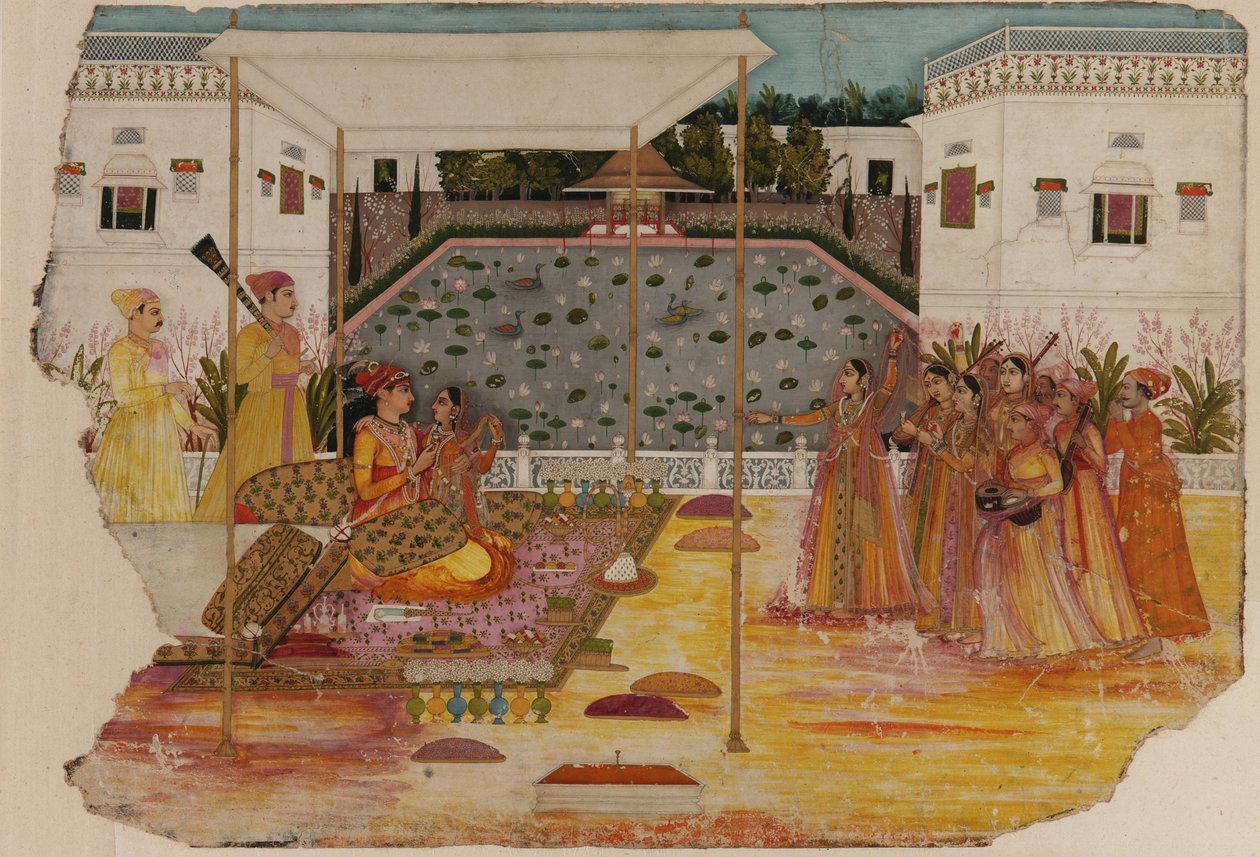 Amantes em um terraço com jardim; músicos e atendentes de Unknown artist