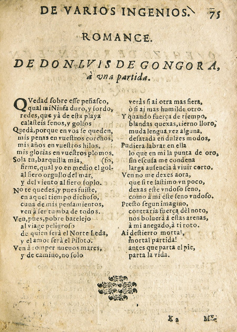 Luis de GOGOORA Y ARGOTE, "Romance a una partida" (gravura) de Unknown artist