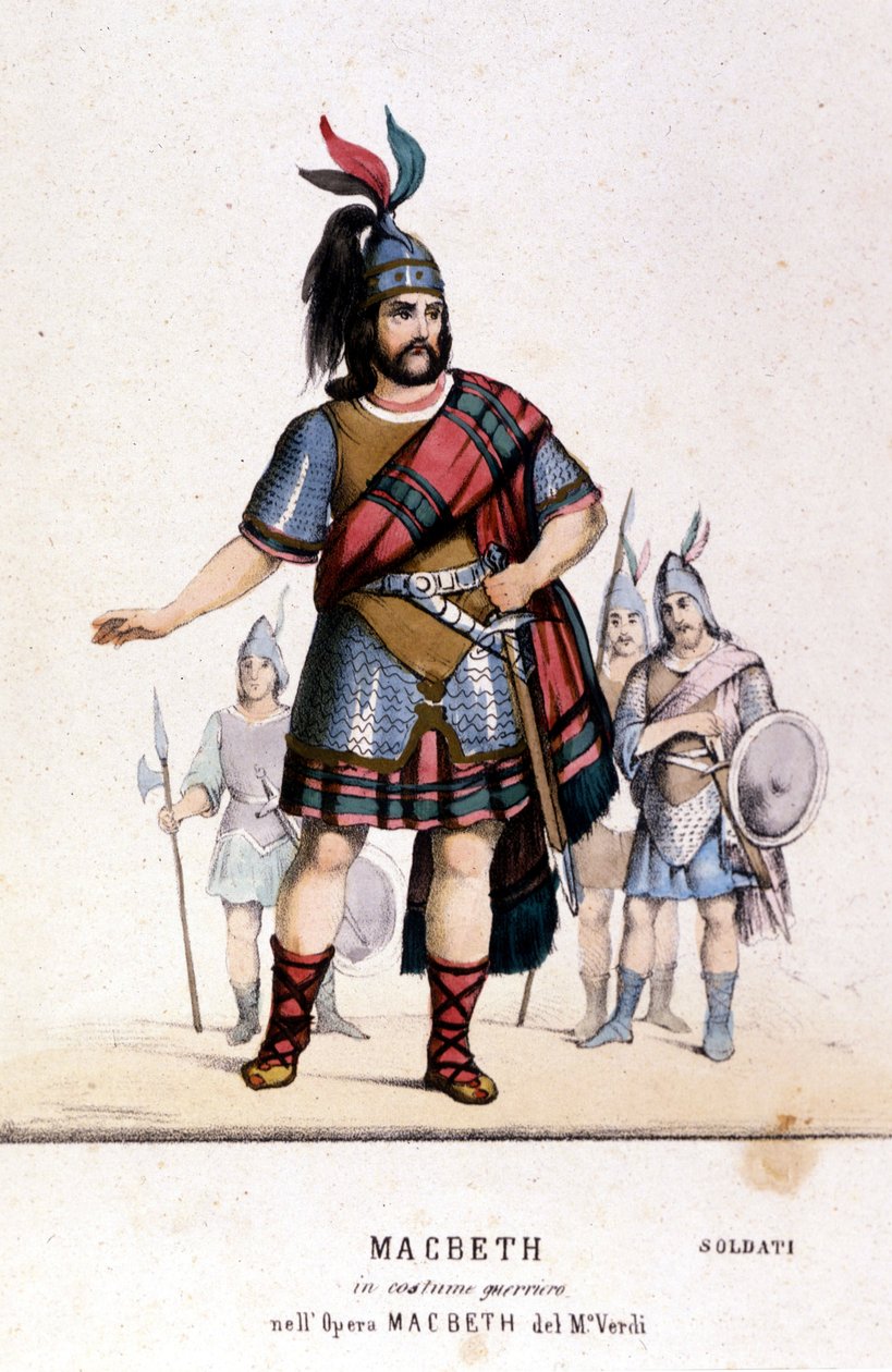 Macbeth personagem em traje de guerreiro na ópera homônima de Giuseppe Verdi (1813 - 1901) após o trabalho de William Shakespeare. 1847. Gravura. de Unknown artist