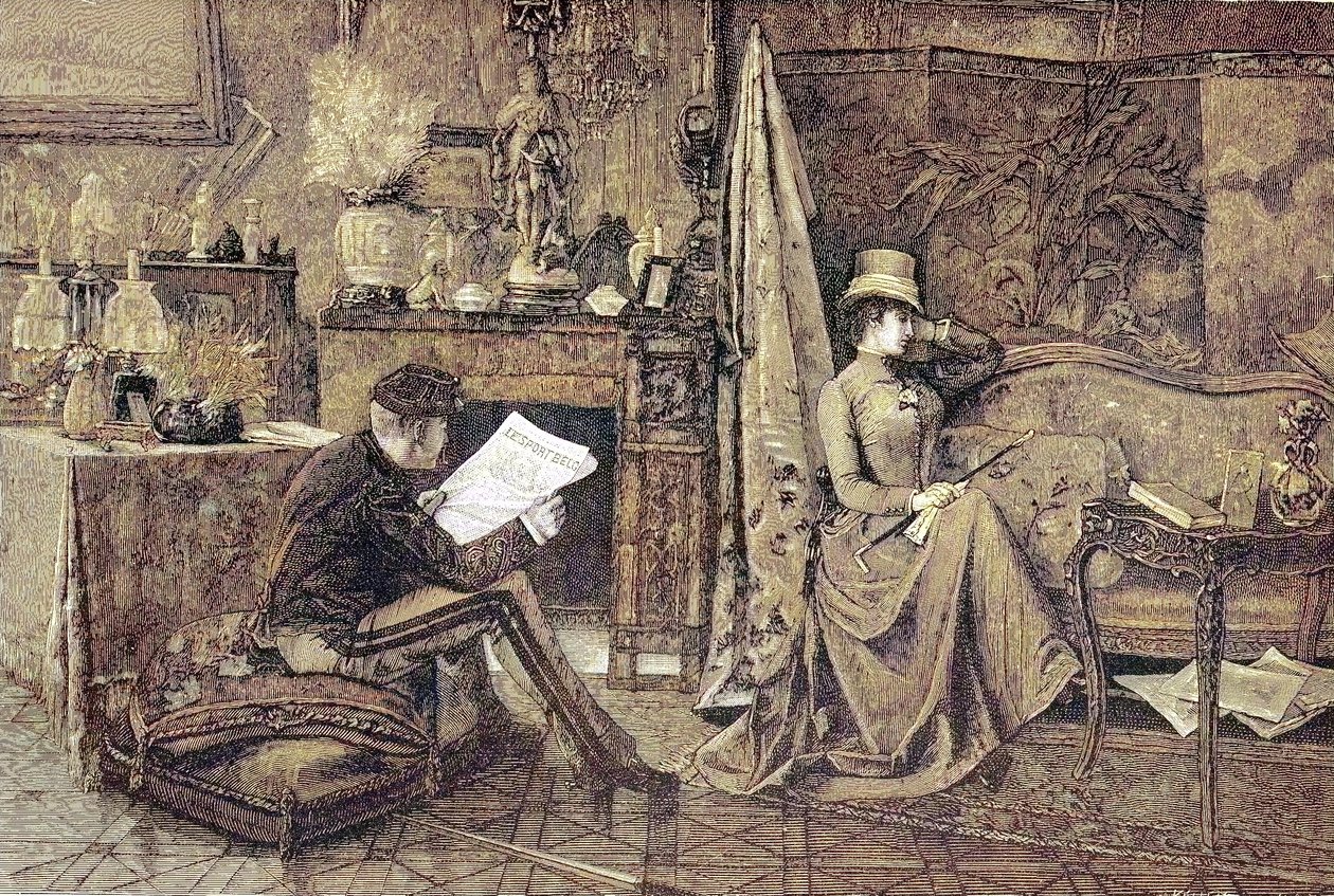 Madame Sulking, Casal, Ele está a Ler o Jornal e Ela está sentada no Sofá e está ofendida de Unknown artist