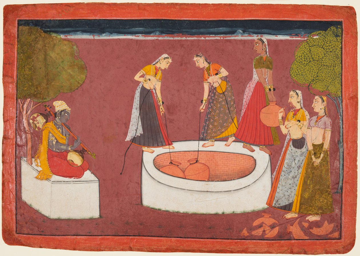 Madhava Toca a sua Vina antes de Cinco Mulheres a Tirar Água de um Poço, de um Madhavanala Kamakandala de Unknown artist