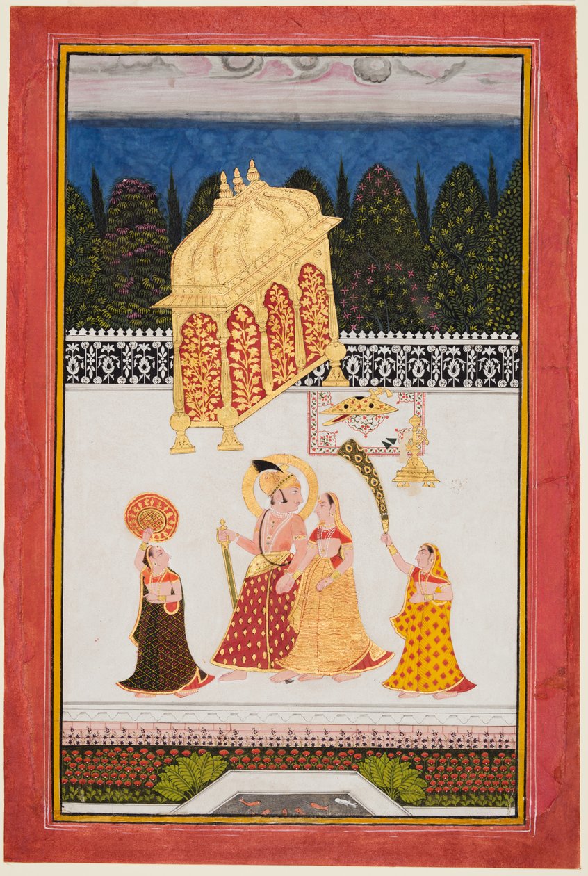 Maharana Ari Singh II de Mewar (r. 1761–73) com sua consorte em um terraço de Unknown artist