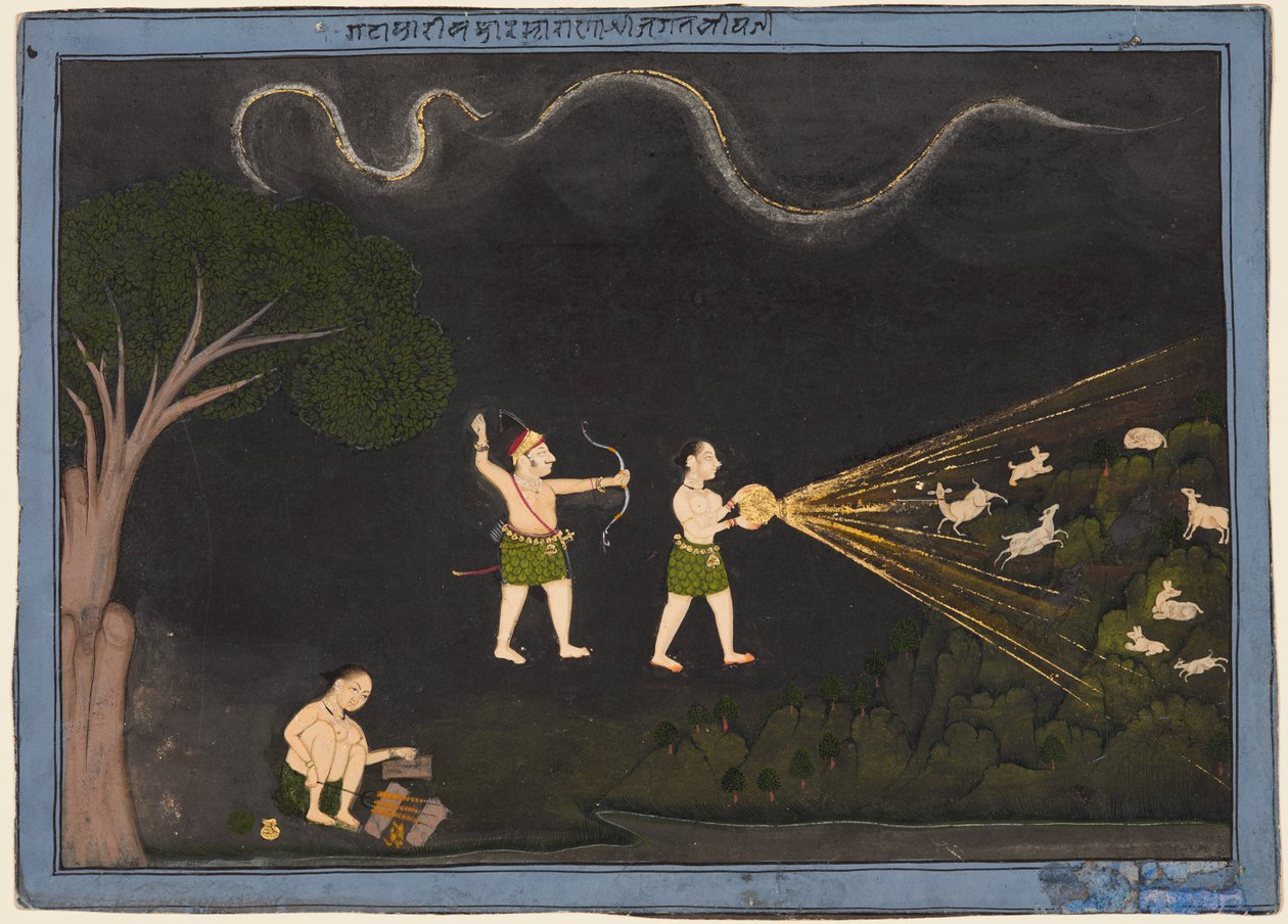 Maharana Jagat Singh II de Mewar (r. 1734–51) vestido como um Bhil, caçando veados à noite de Unknown artist
