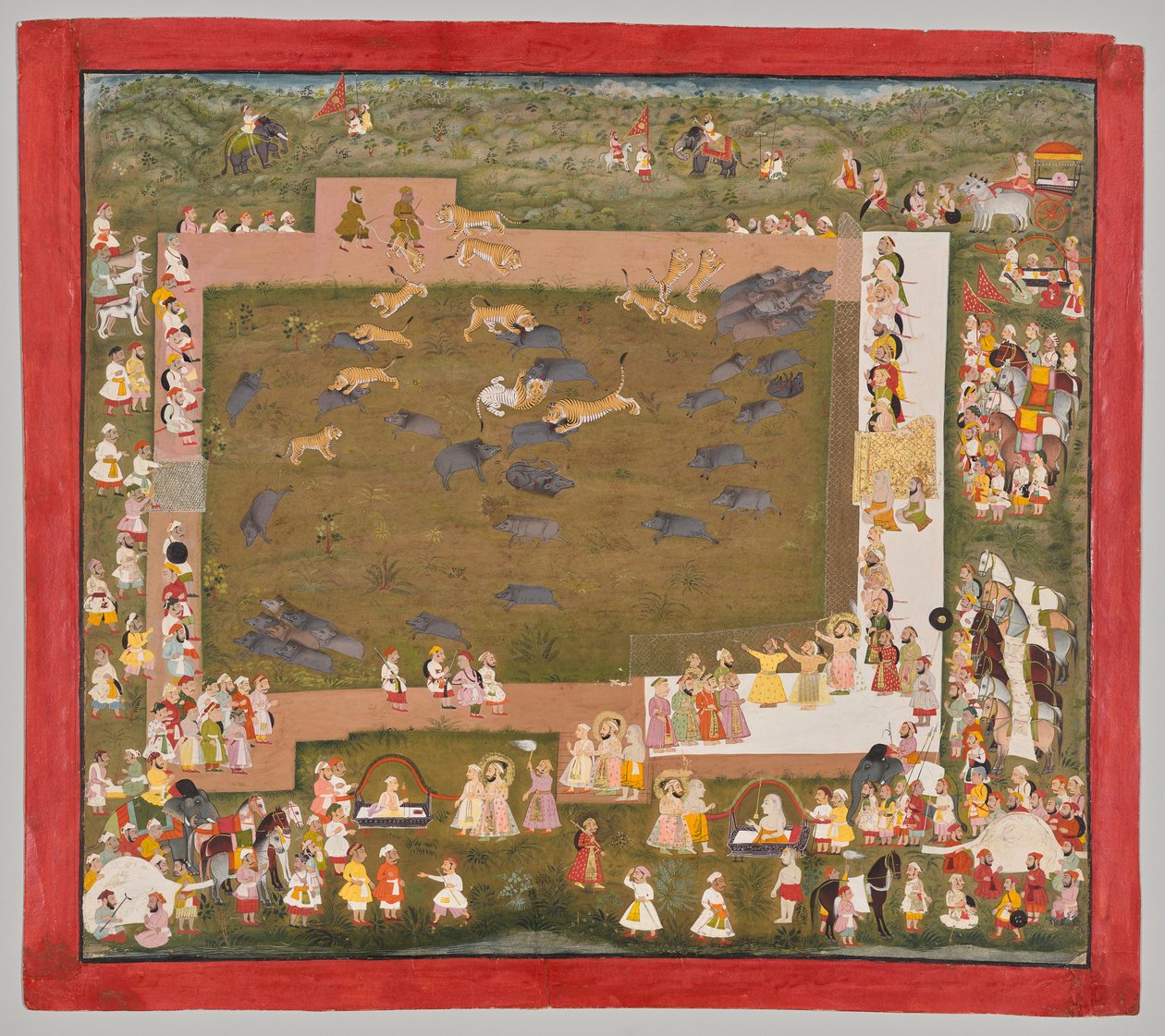 Maharana Sangram Singh II de Mewar (r. 1710–34) e encena uma caça ao javali com tigres em Sadri de Unknown artist