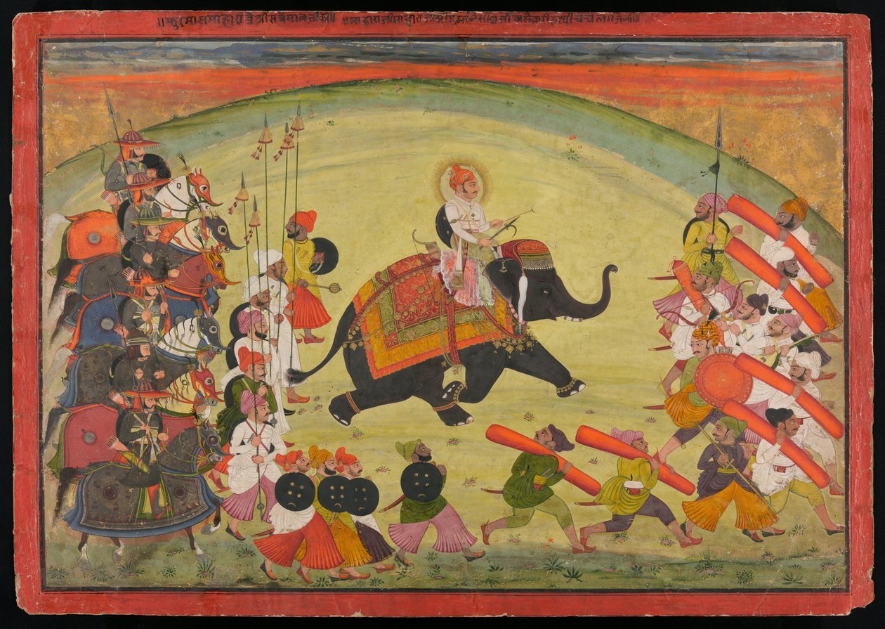 Maharao Guman Singh montado num elefante em procissão de Unknown artist