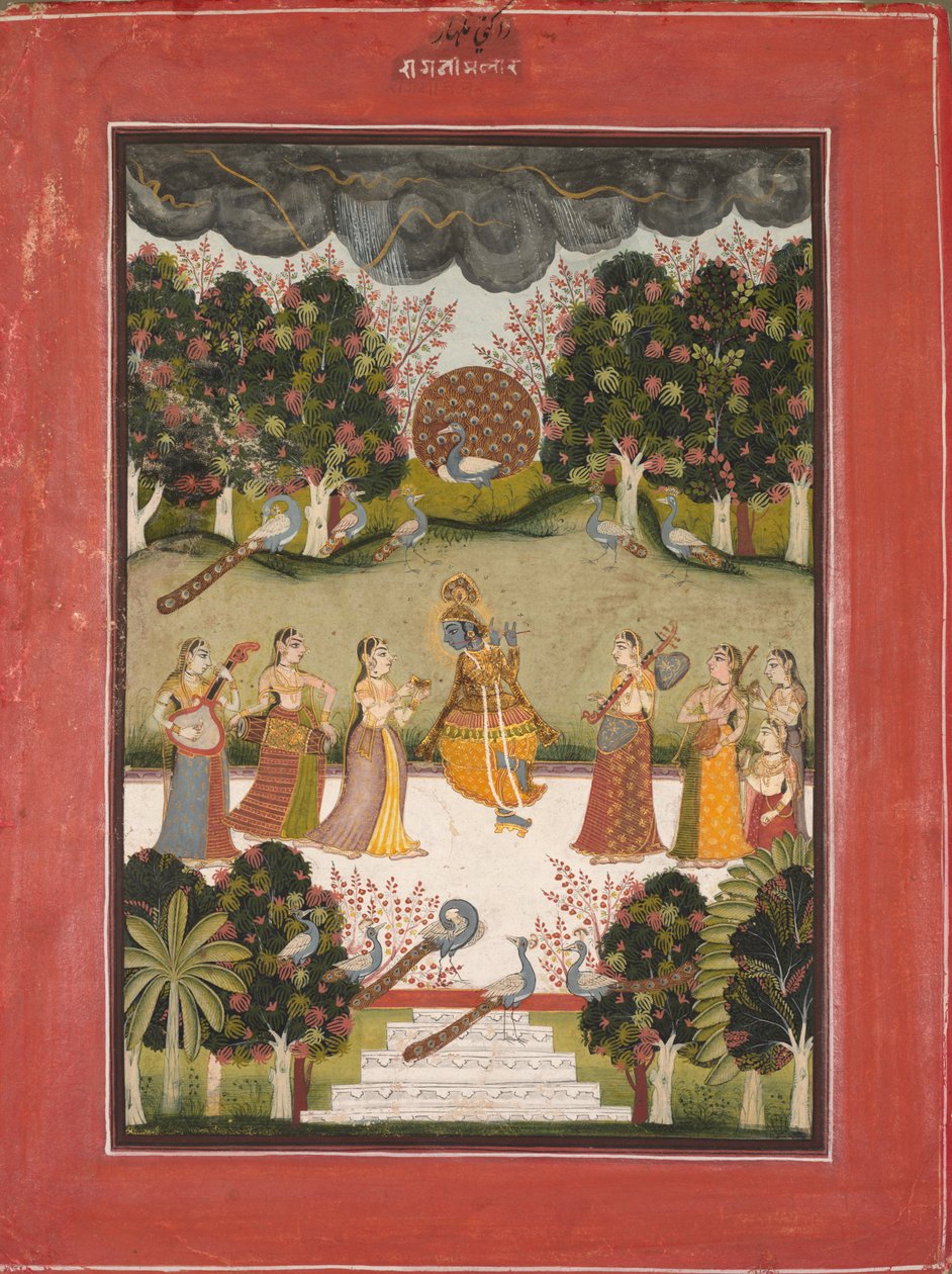 Malar Ragini: Krishna tocando flauta para sete gopis segurando instrumentos musicais, da série Ragamala de Unknown artist