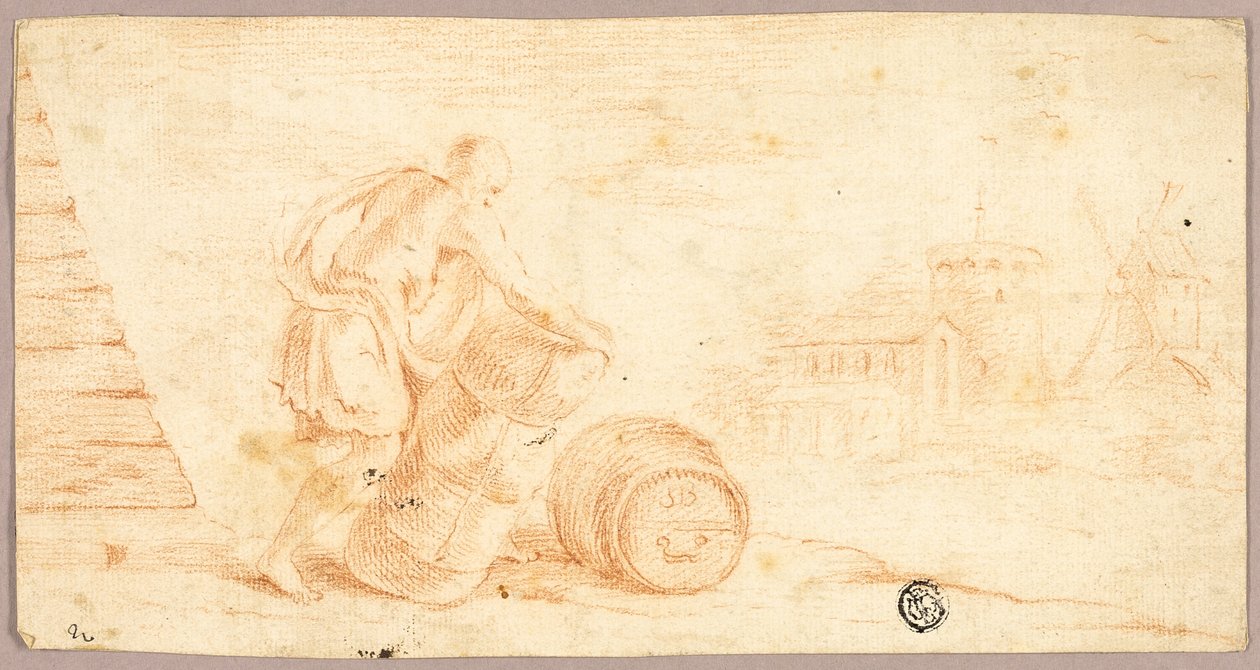 Homem movendo fardo, barril, com moinho de vento à distância de Unknown artist