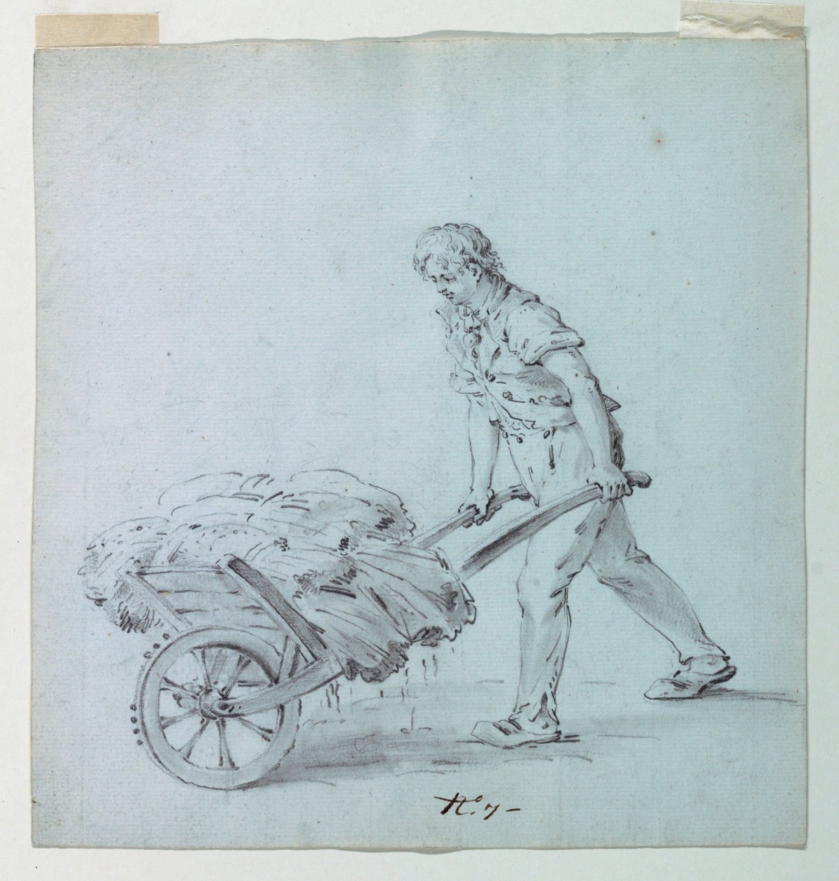 Homem empurrando um carrinho de mão, possível esboço de uma ilha para uma impressão de algodão de Unknown artist