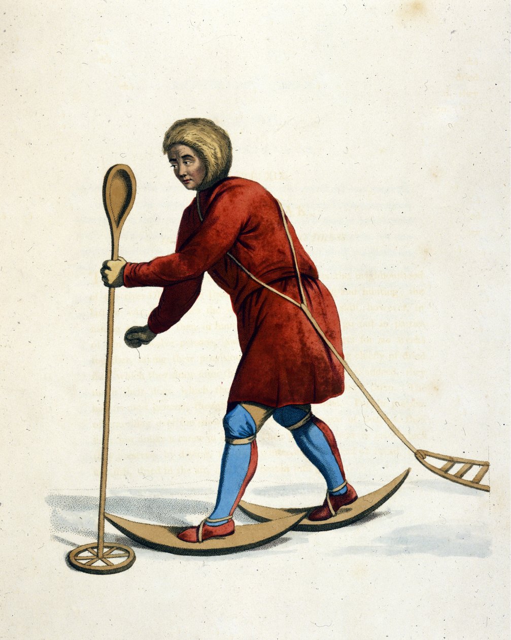 Homem da tribo Ostiak (Khanty ou Khante) (Sibéria) esquiando. Gravação de "O traje do império russo" Londres 1803. de Unknown artist