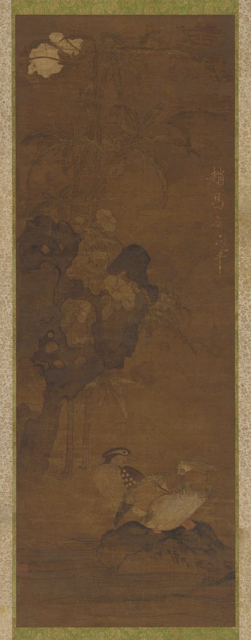 Patos mandarim, pedras e uma planta com flores de Unknown artist