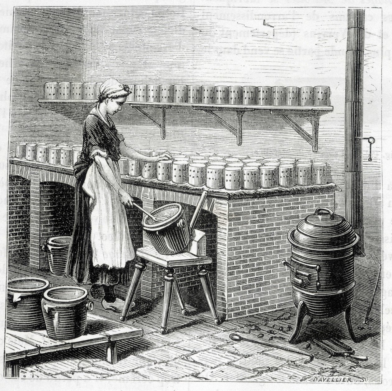 Fabricação de queijo camembert (a coalhada é vertida em mexilhões) - em "As maravilhas da indústria" de Louis Figuier de Unknown artist