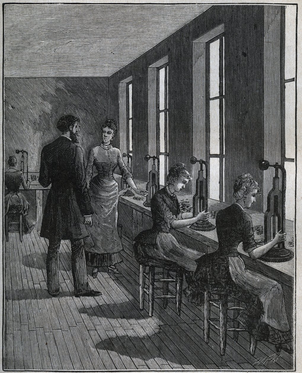 Fabrico de penas metálicas: oficina de decoupage em França no século XIX. Gravura a partir de 1885 em "Les arts et metiers illustres" de Adolphe BITARD. de Unknown artist