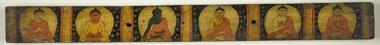 Capa de manuscrito com seis Budas sentados com vários gestos de mãos (Mudras) de Unknown artist
