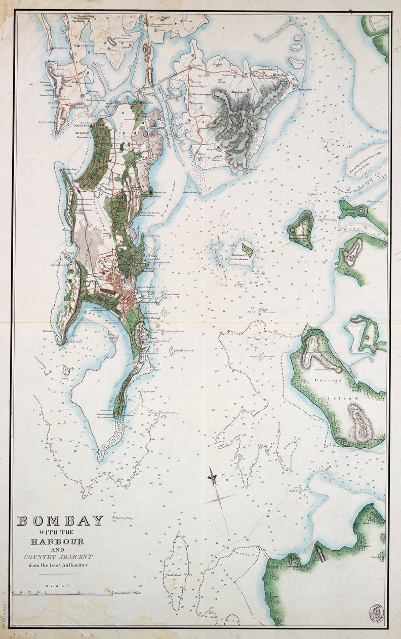 Mapa de Bombaim com o porto e o campo adjacente, mostrando também o Mar Arábico e o Golfo Pérsico, c.1855 (tinta, aguarela) de Unknown artist