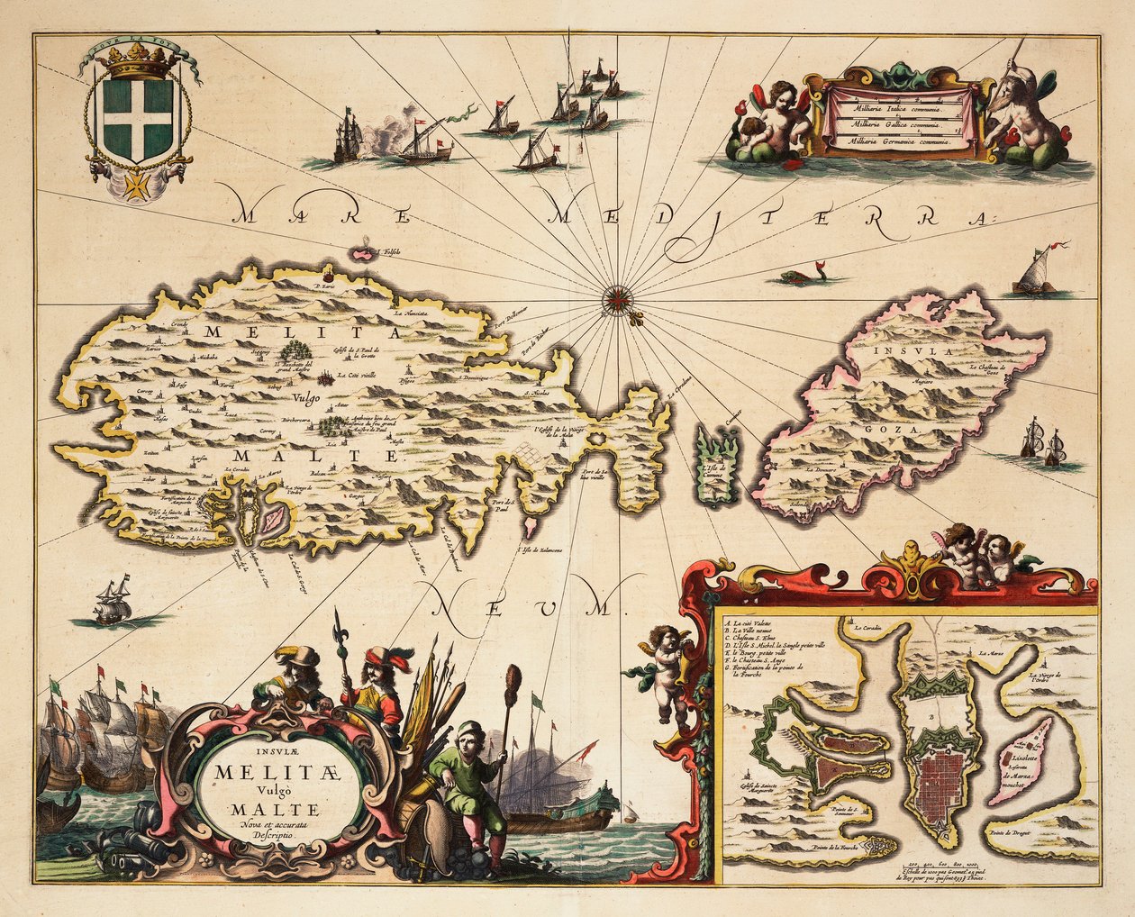 Mapa de Malta e Gozo, c.1650 (gravura a cores) de Unknown artist