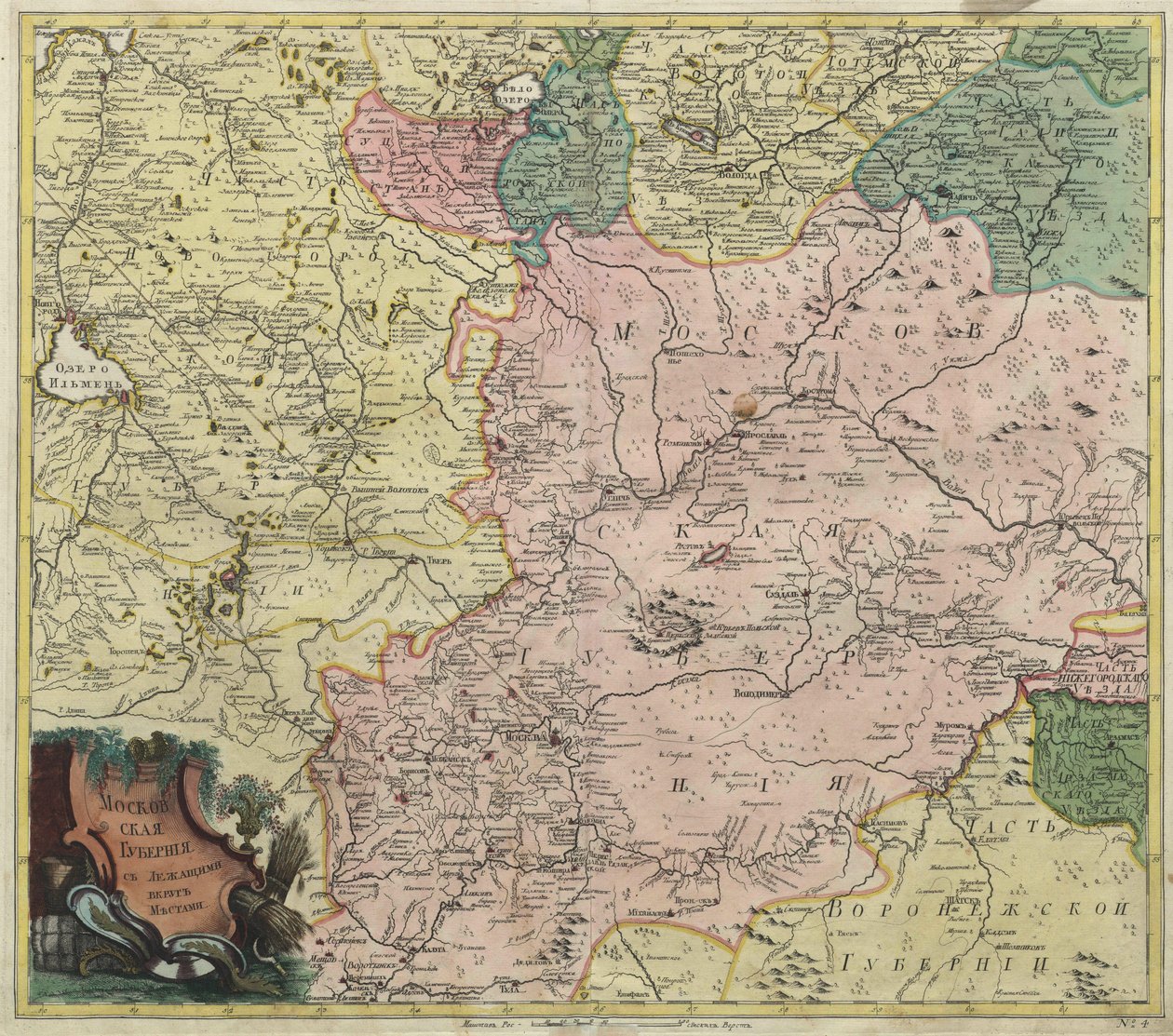 Mapa da província de Moscou e partes das províncias mais próximas - mestre anônimo - 1745 - gravura em cobre, aquarela - Academia de Ciências, São Petersburgo de Unknown artist