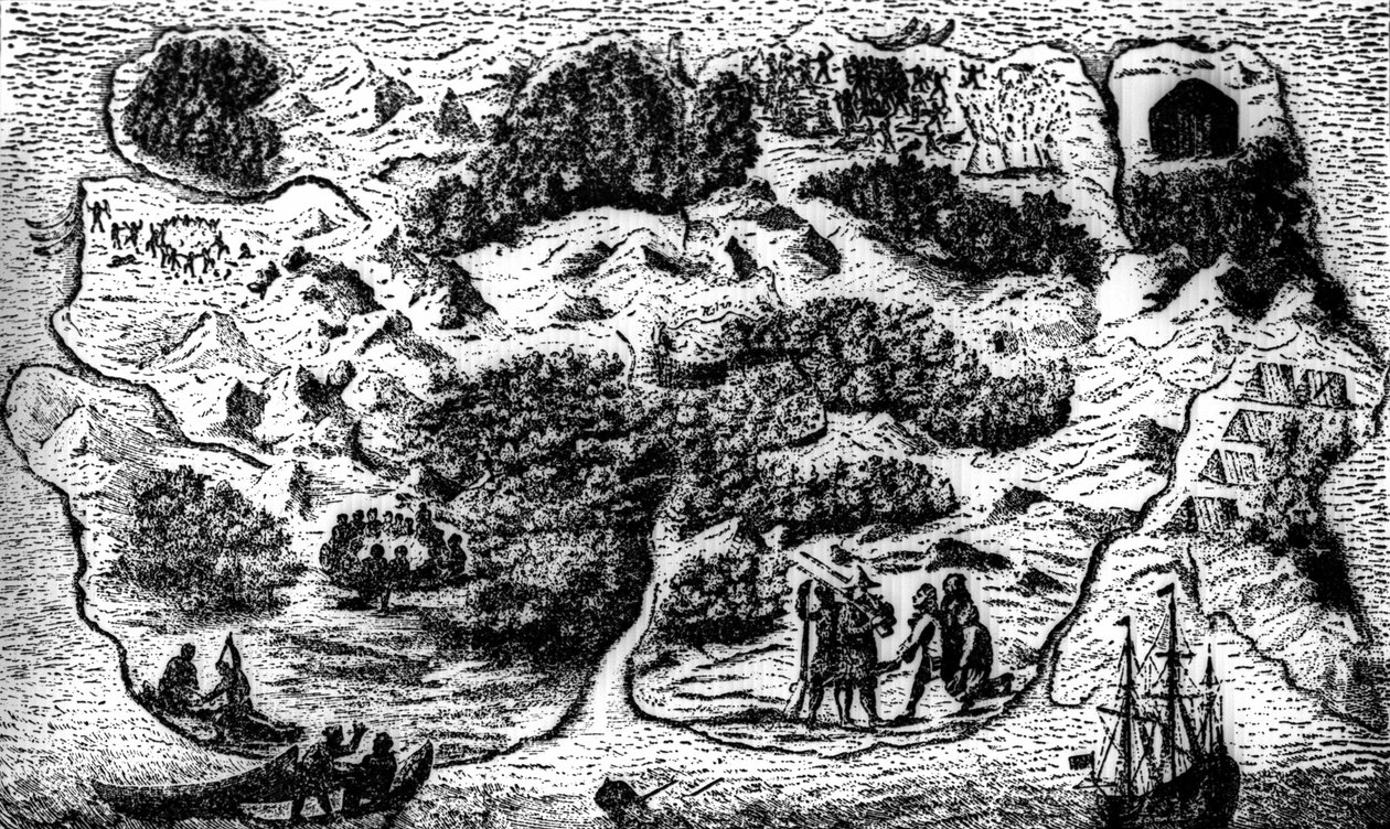 Mapa da Ilha Robinson Crusoé, o romance de Daniel Defoe: "Reflexões Sérias", Crusoé, III de Unknown artist
