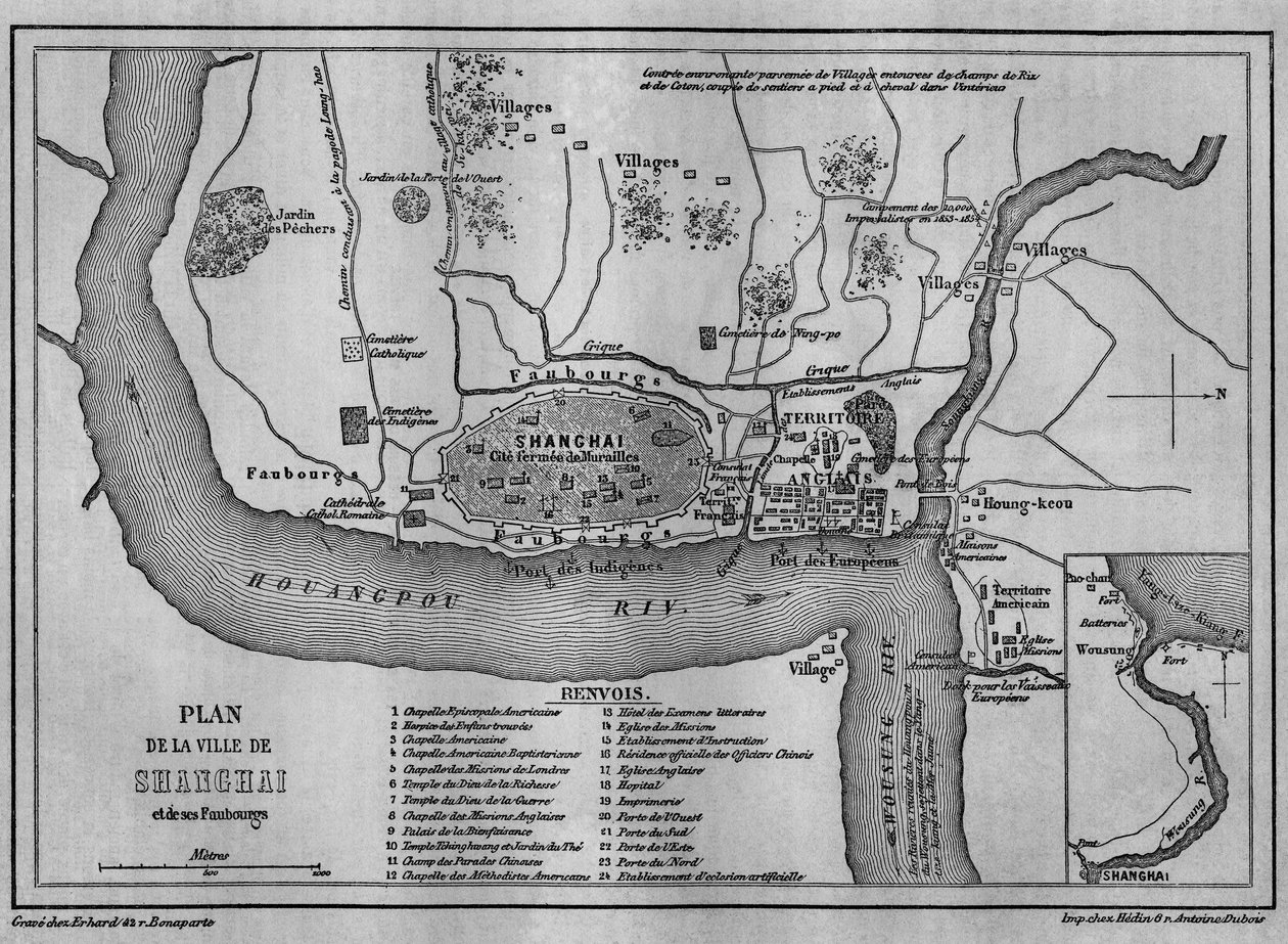 Mapa da cidade de Shanghai em 1860, vista da Cidade Velha Chinesa, e concessões estrangeiras em 1860. Carte in "Le Tour du Monde, Nouveau journal des Voyages", editado por Edouard Charton, Paris de Unknown artist