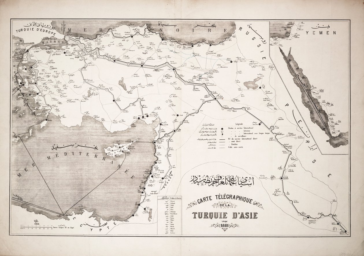Mapa da Turquia com indicação dos cabos e estações telegráficas de Unknown artist