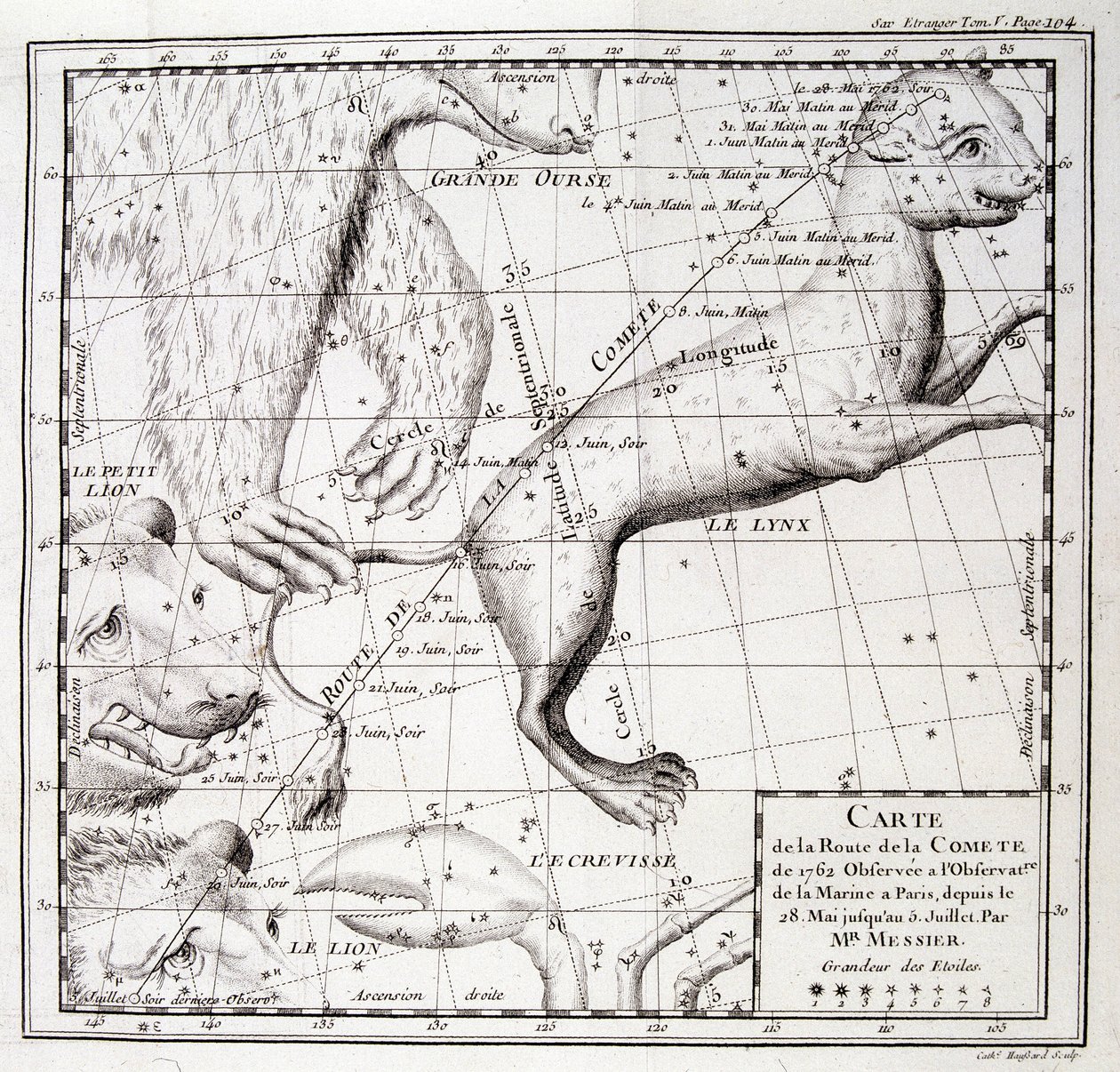 Mapa da estrada do cometa 1762 e mapa do céu, observado por Messier - gravura de Unknown artist