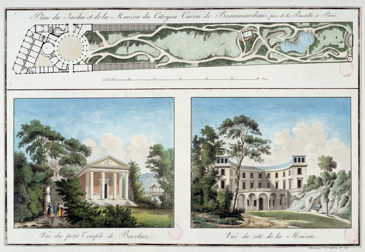 Mapa do jardim e da casa do escritor e dramaturgo francês Pierre Augustin Caron de Beaumarchais (1732-1799) no atual Boulevard Beaumarchais em Paris. Gravura por volta de 1795 Paris, Musee Carnavalet de Unknown artist