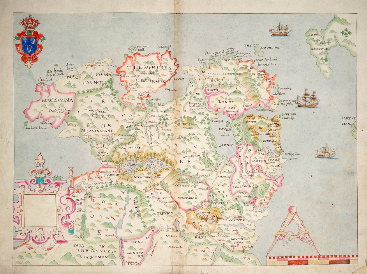 Mapa do norte da Irlanda, c.1600 (colocado sobre linho) de Unknown artist