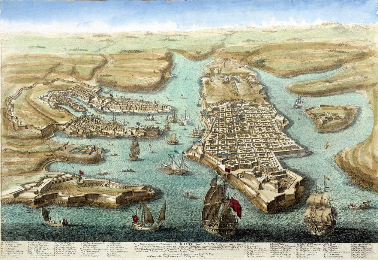 Mapa do porto de Malta, das suas fortificações e do castelo. Gravura do século XVIII. de Unknown artist