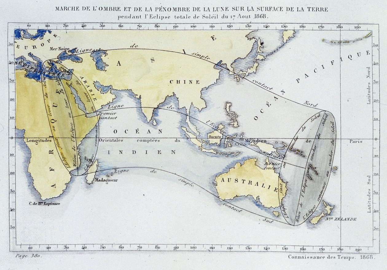 Mapa, publicado pelo Bureau of Longitudes, mostrando a marcha da sombra e escuridão da Lua na superfície da Terra durante o eclipse de 1868 de Unknown artist