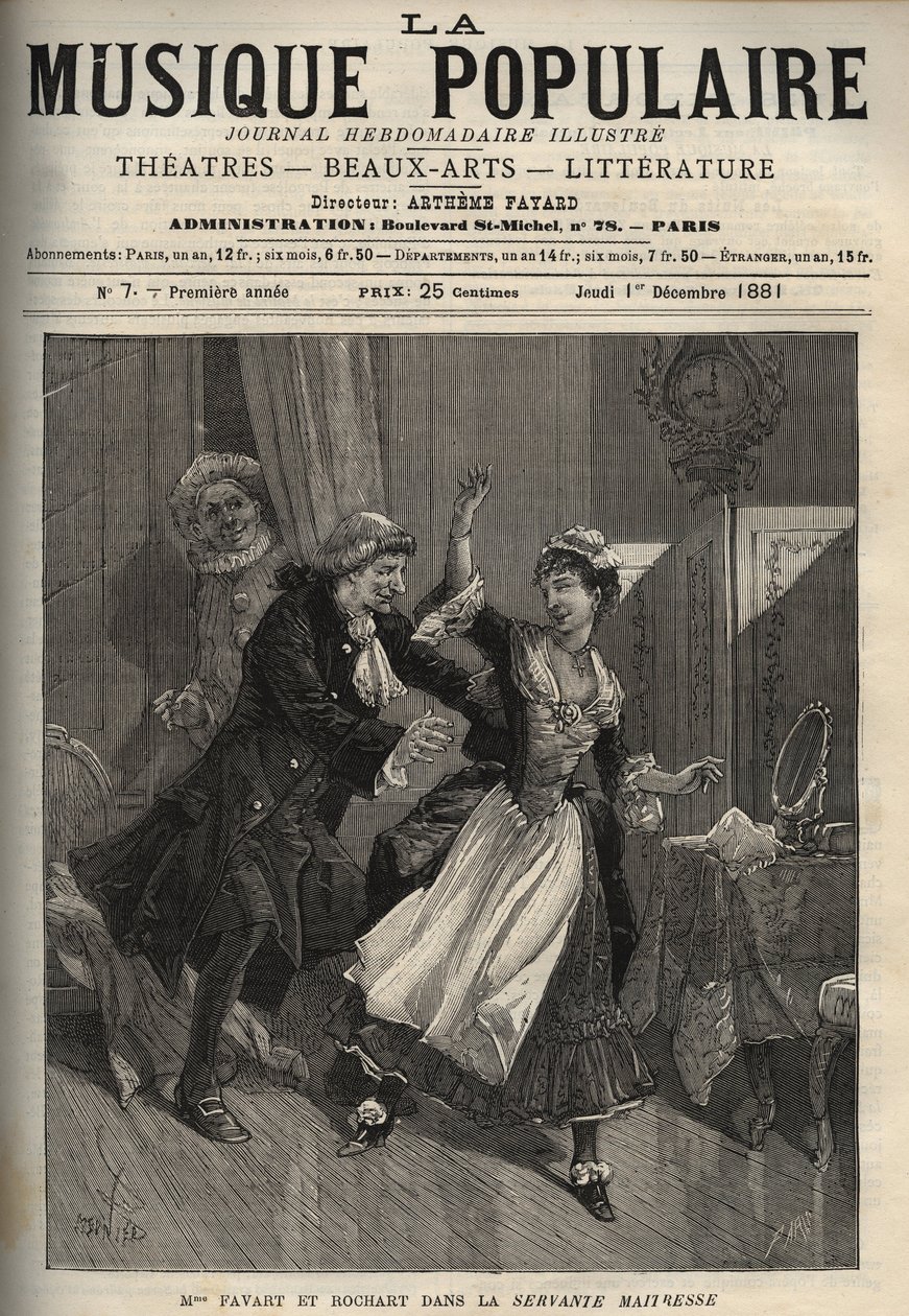Marie Justine Benoite Duronceray, chamada Madame Favart, e Rochart (Rochard) no "Servante Maitresse" (Serva padrona) de Pergolese (Giovanni Battista Pergolesi) - gravura no ilustre jornal semanal "Música Popular" - 1882 de Unknown artist
