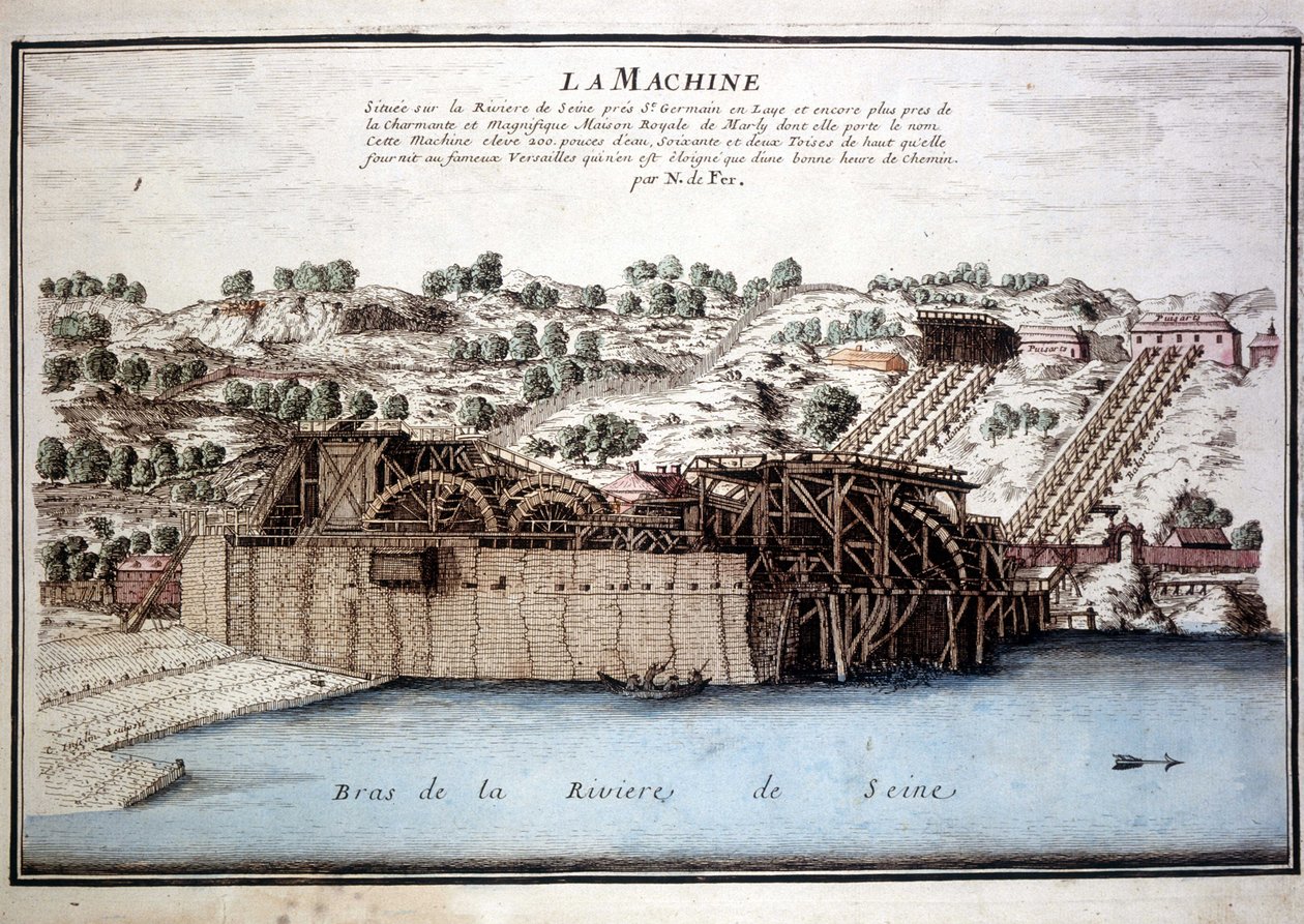 A máquina de Marly de Rennequin era utilizada para conduzir as águas do Sena até Versalhes através do aqueduto de Marly. Gravura a partir de 1700. de Unknown artist
