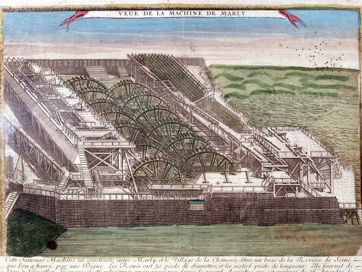 A máquina de Marly de Rennequin era utilizada para conduzir as águas do Sena até Versalhes através do aqueduto de Marly. Gravura do século XVIII. de Unknown artist