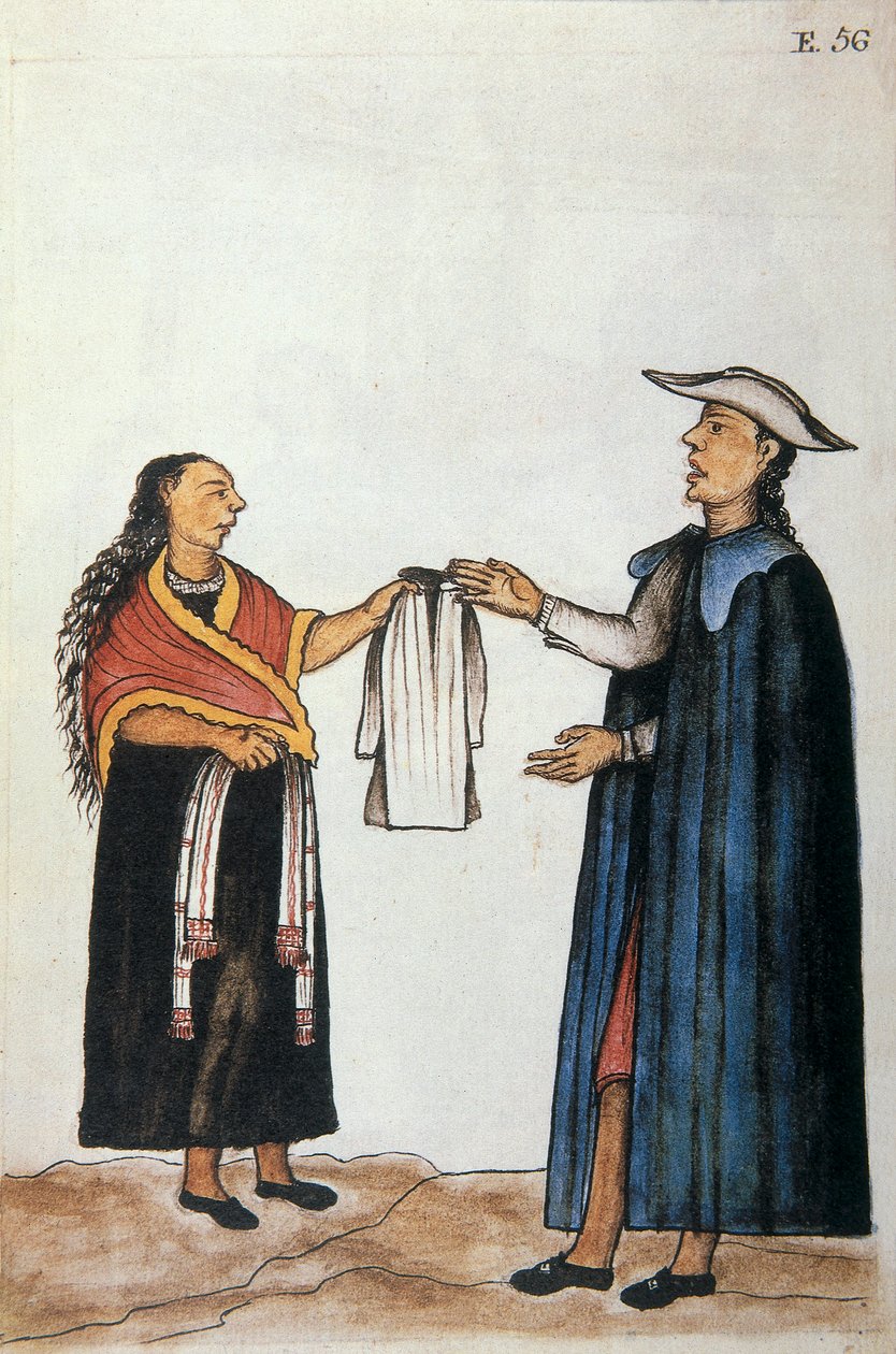 Acordo de casamento entre índios, negociação sobre o traje da noiva, do livro "Trujillo del Peru" ou "Códice Martínez Compañón", de Baltazar Martinez Compañón y Bujanda, bispo de Trujillo (1782-1785) de Unknown artist