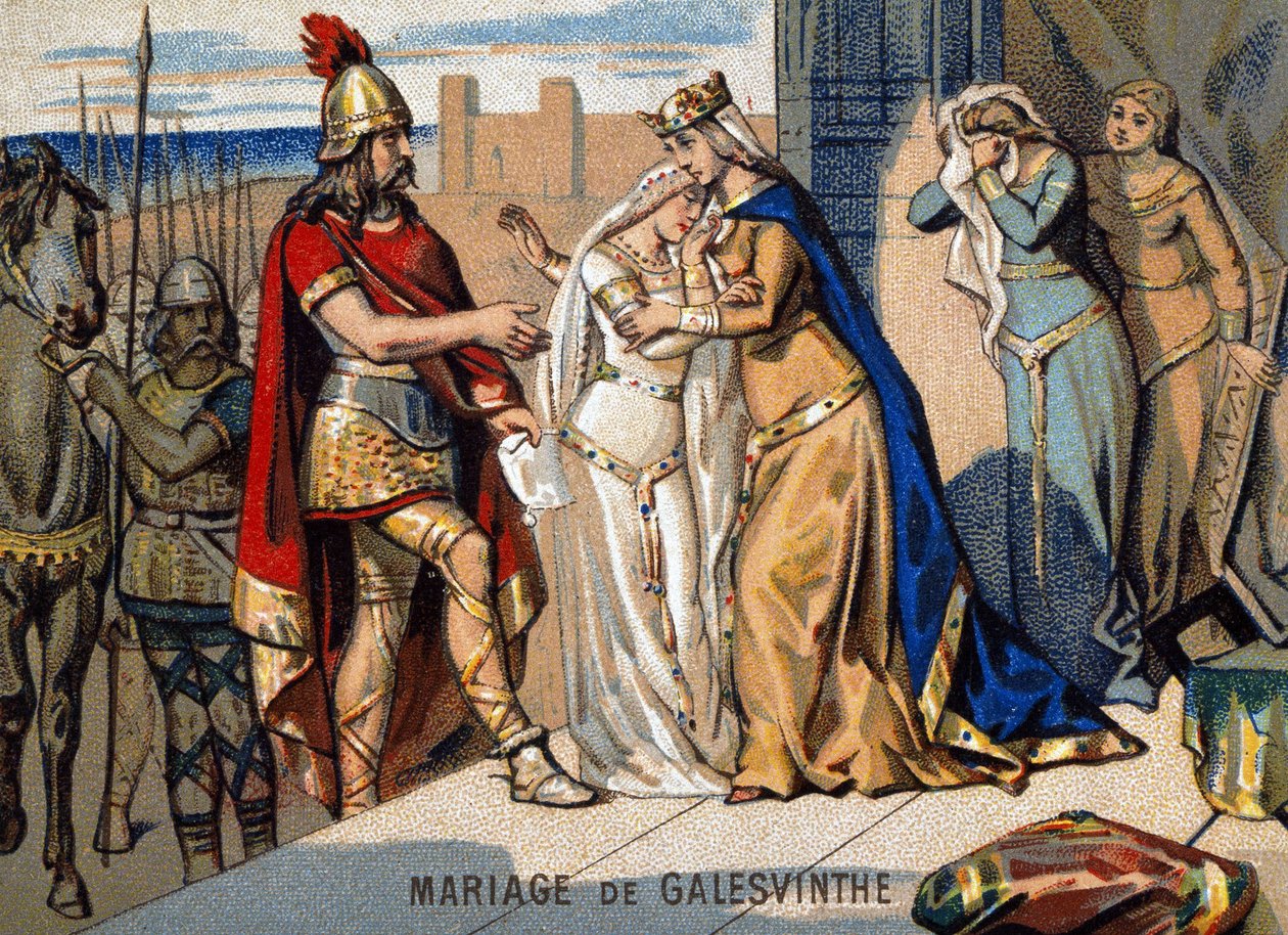 Casamento de Galeswinthe (567): deixar Galeswinthe para casar com Chilperic, cabeça dos Francos Neustrais. Cromolitografia da série "Ensino patriótico por imagem". de Unknown artist