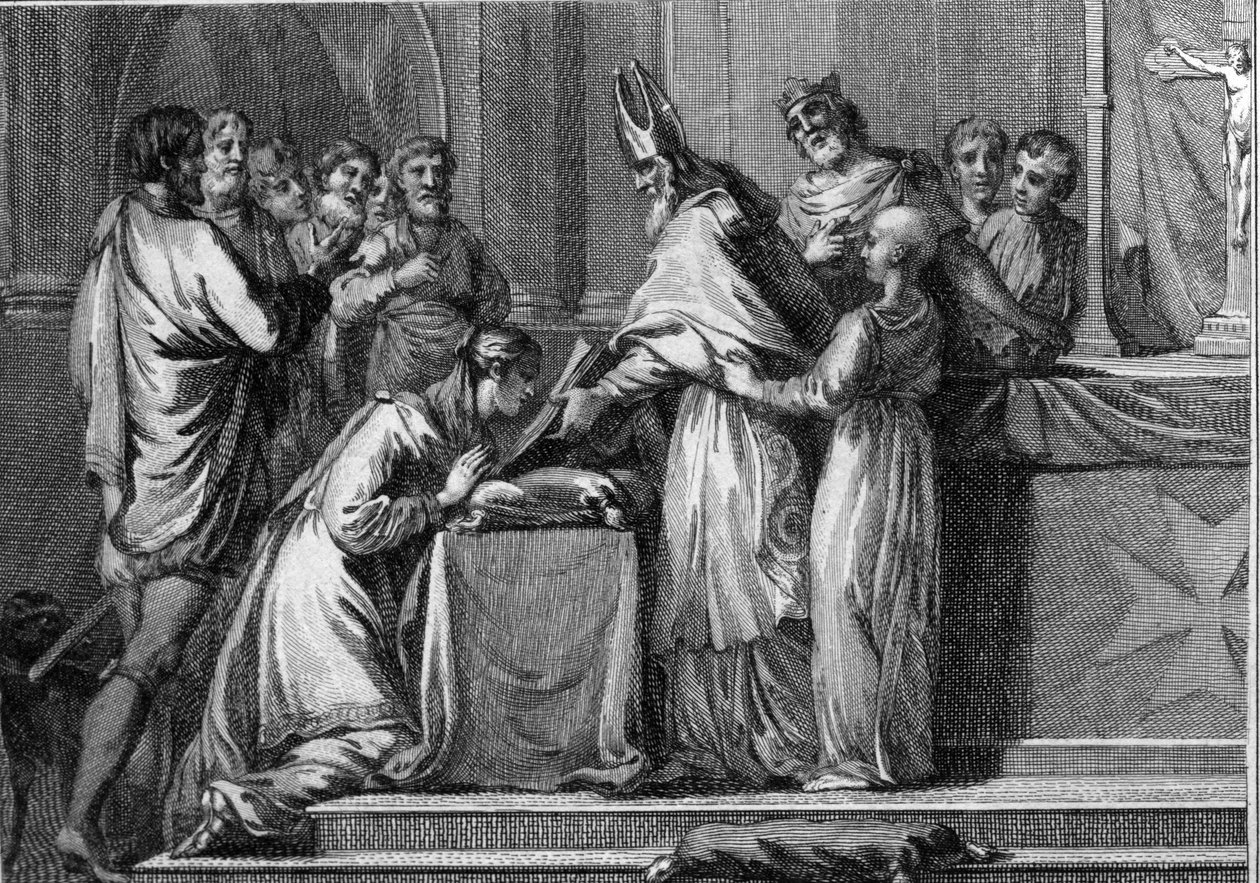 Casamento de Sigebert I (535-575), Rei da Austrália e Brunehaut (ou Brunehilde, 543-613), 566. Gravura do século XVIII. de Unknown artist