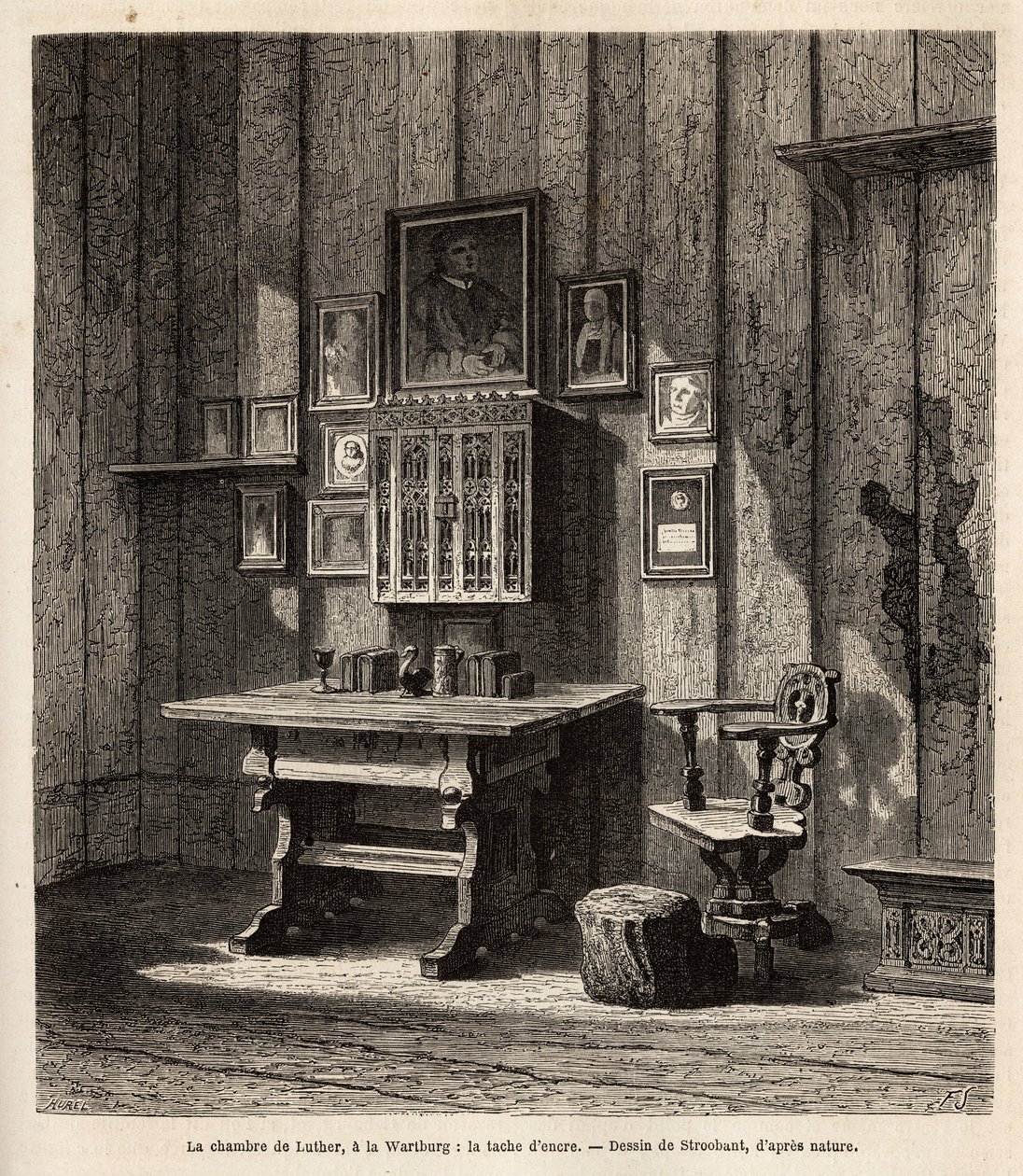 O quarto de Martin Lutero (1483-1546) em Wartburg onde ele se refugiou após sua excomunhão em 1521, com seu retrato e os de seus pais acima da escrivaninha, sob cujos olhos ele traduziu a Bíblia para o alemão e redia seus textos mais famosos. A tinta de Unknown artist