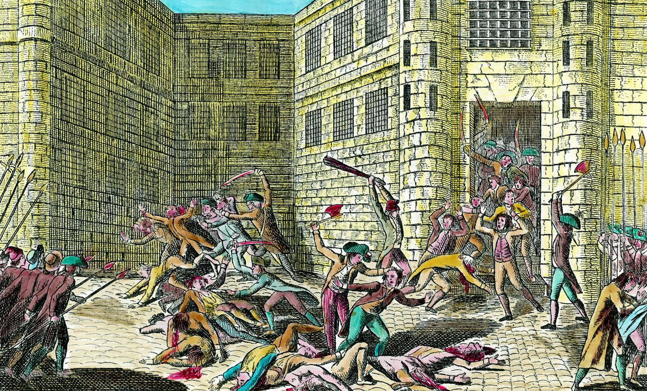 Massacre dos prisioneiros da Abadia de Saint Germain pelo povo em setembro de 1792. Cena da revolução francesa. Gravura do século XVIII. Colecção privada. de Unknown artist