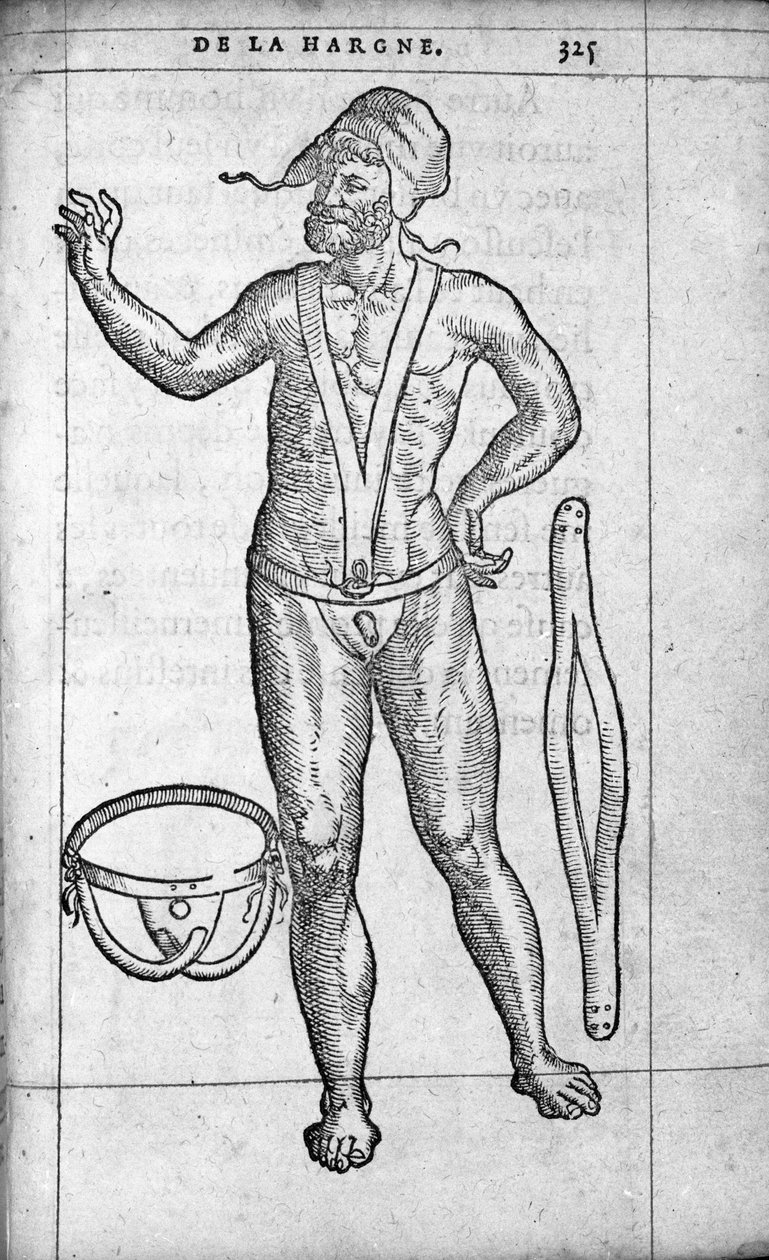 Medicina: um cinto herniário. Gravura de "De la hargne" do médico e cirurgião francês Ambroise Pare (1509-1590) Século XVI de Unknown artist