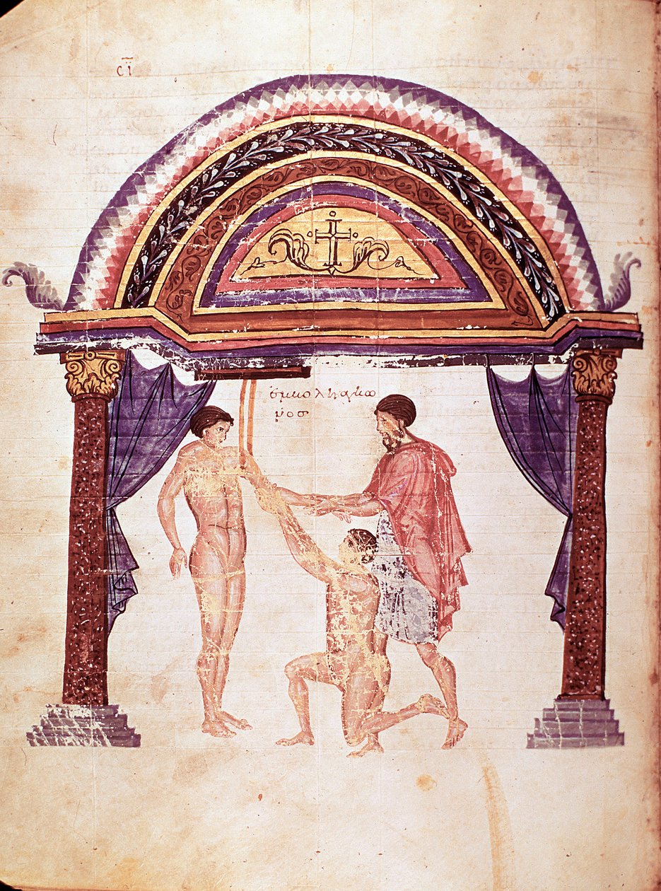 Medicina: redução de um cotovelo deslocado, o paciente é pendurado pelo braço (manuscrito de Unknown artist