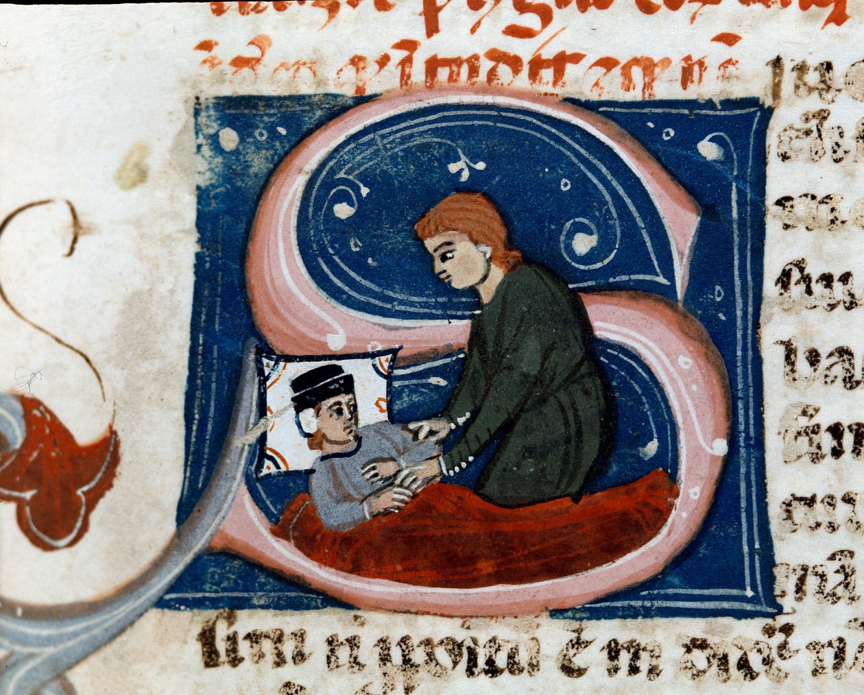Medicina: pessoa doente cura-se em casa. Detalhe. Página do manuscrito (ms.d.xxv) "Tratamento de Galien" (Trattato di Galeno) traduzido por Nicola da Reggio, médico filólogo. Século XIV Cesena, Biblioteca Malatestiana de Unknown artist