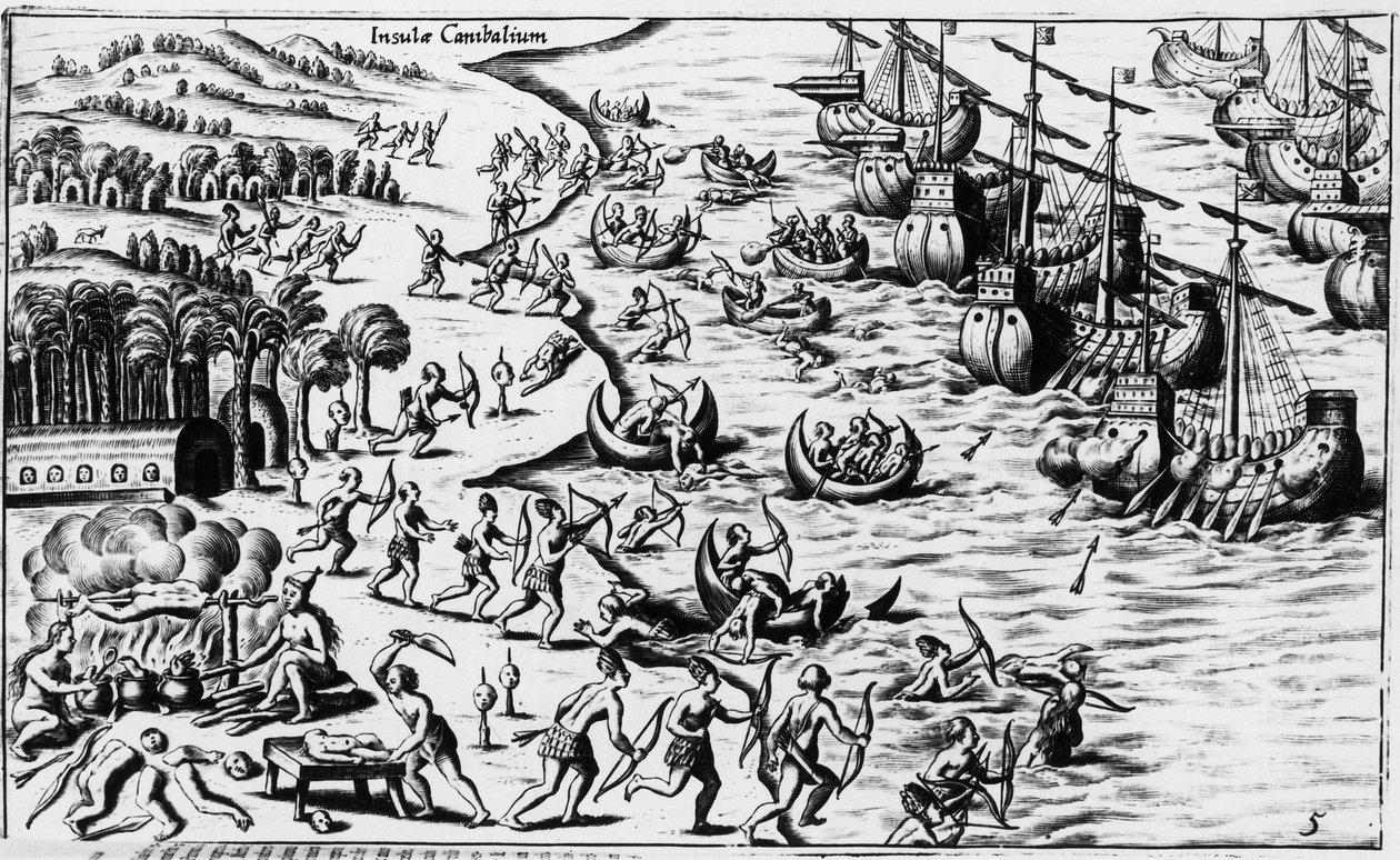 Encontro entre o povo de Cristóvão Colombo e os Canibais - no "Nova Tipus Transacto Navigatio Novi Orbi" de Philoponus Honorius de Unknown artist