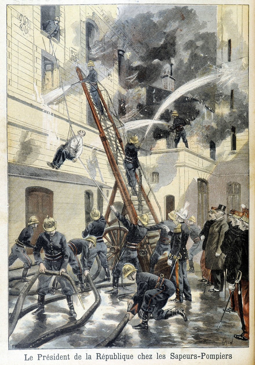 Reunião do Presidente da República Felix Faure, com os bombeiros durante uma intervenção contra um incêndio. Ilustração do "pequeno jornal" de 1898. de Unknown artist