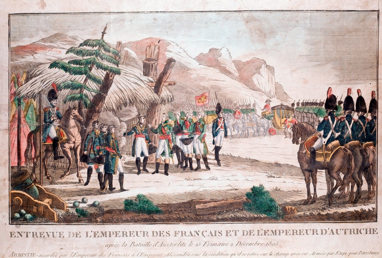 Encontro de dois imperadores após a Batalha de Austerlitz, 4 de Dezembro de 1805 (Napoleão Bonaparte e Francisco II, Santo Imperador Romano) (Gravura de Unknown artist