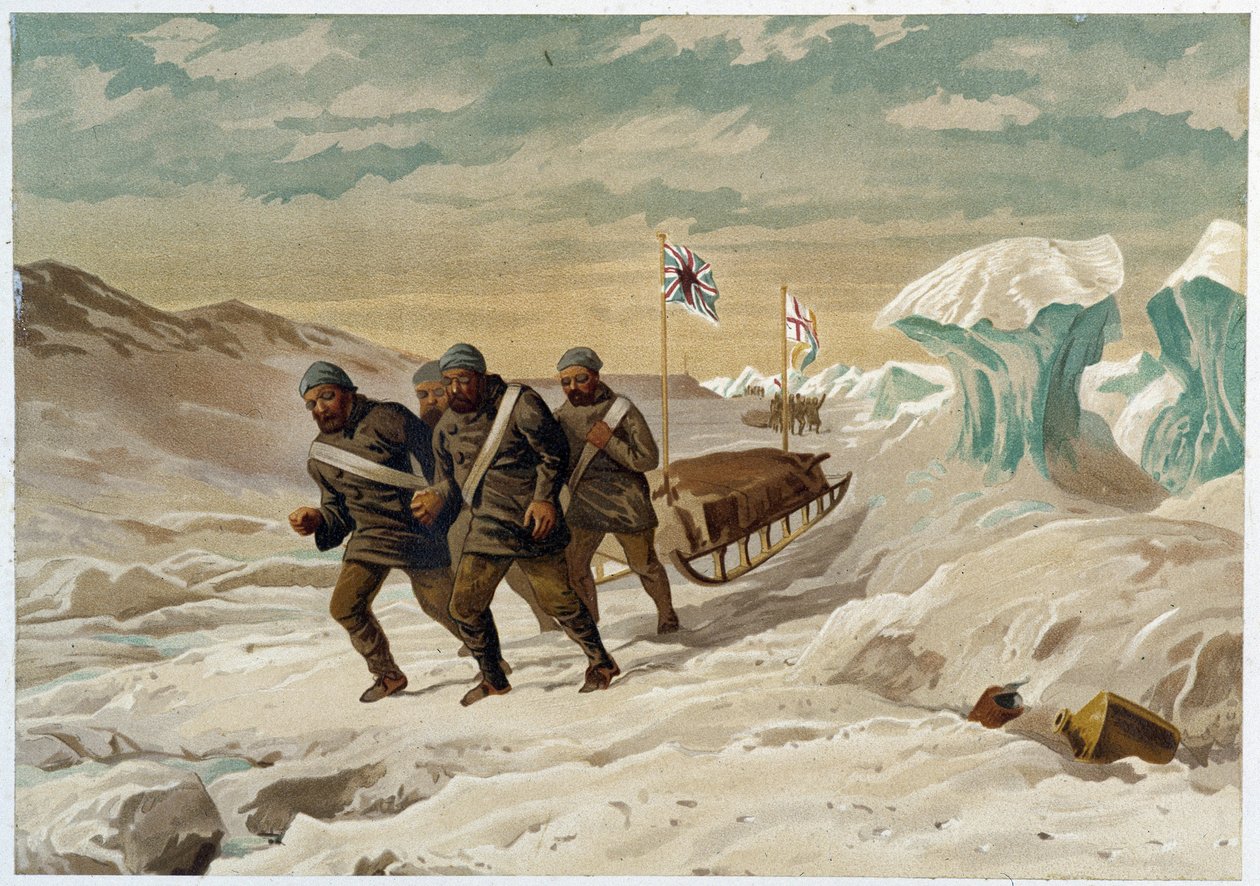 Homens e trenós no gelo - em "The shores of the polar sea, an Arctic expedition narration", do Dr. Edward Moos, Marcus Nard & Co, Londres de Unknown artist